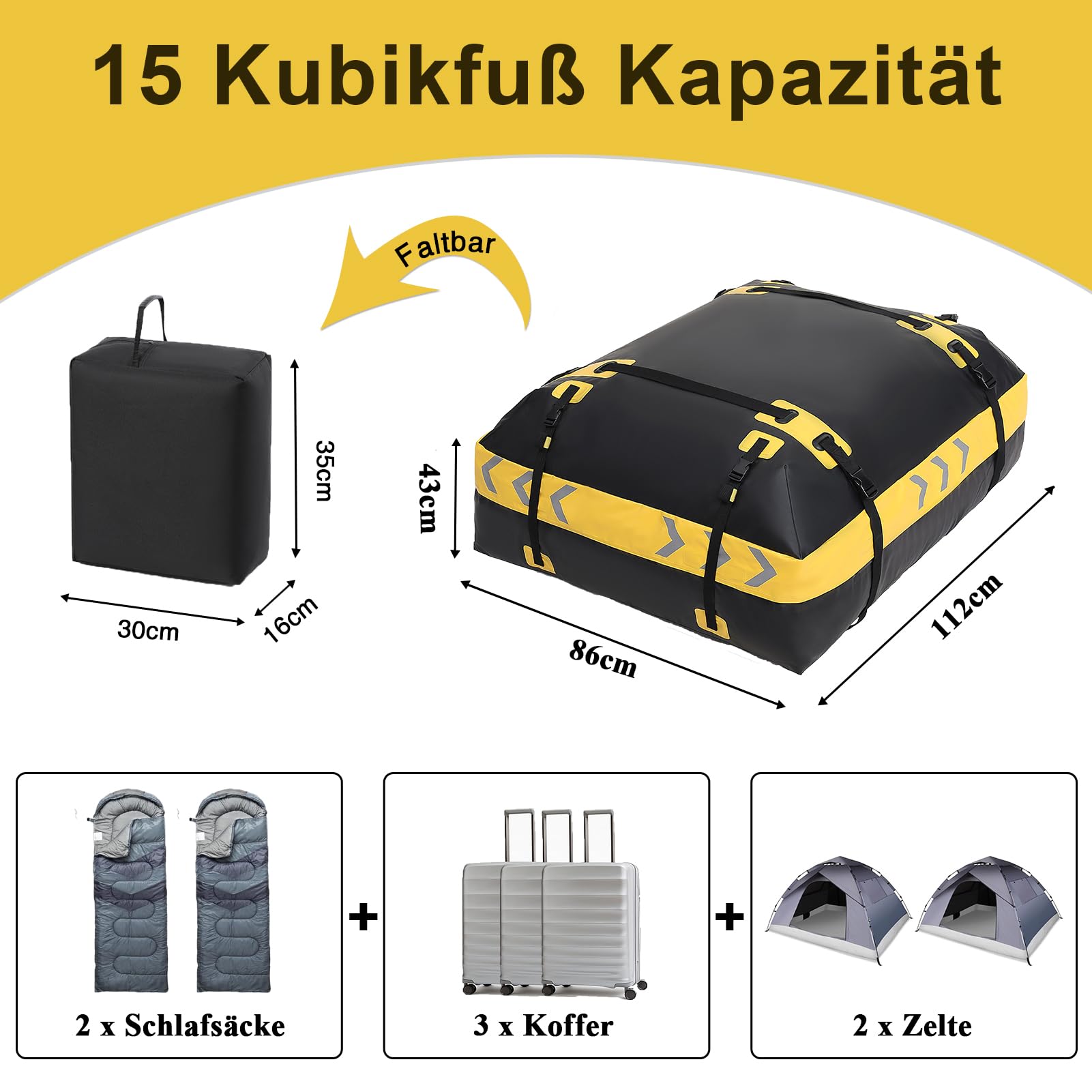 JOBYNA Auto Dachbox Faltbare, 15 Kubikfuß/ 425L PVC Dachkoffer Gepäckbox 2026 Upgrade 100% Wasserdichter Dachtasche, Dachgepäckträger Tasche für Autos mit Kombinationsschloss, Aufbewahrungstasche