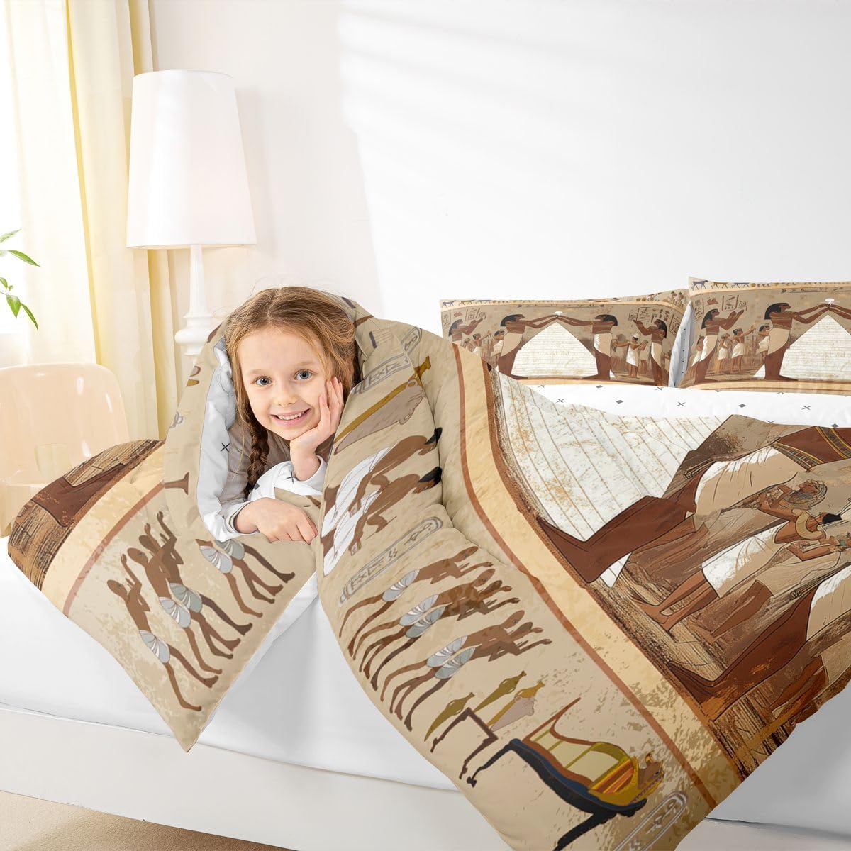 Feelyou Ancient Egypt Comforter Set Soft Kids Retro Egypt Culture Bedding Set Vintage Egyptian Decor Quilted Duvet Bed Set with Comforter for Girls Boys (Full, 3 Pieces) Boys