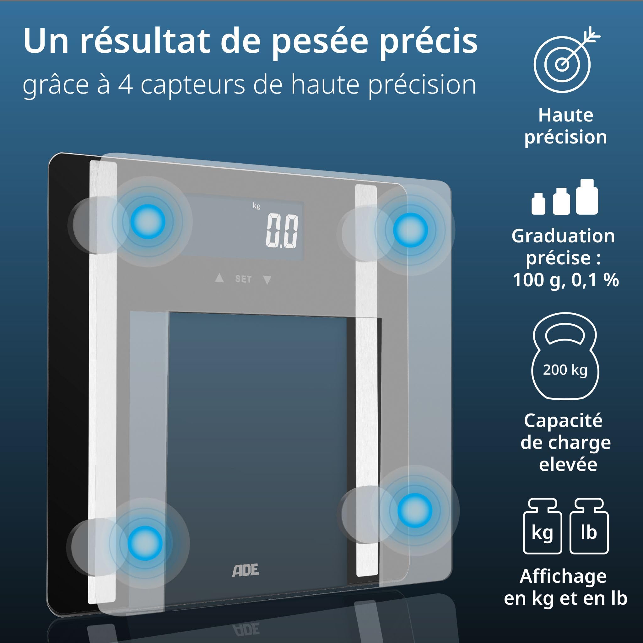 ADE Balance pèse personne impédancemètre | pèse personne masse graisseuse et muscle fiable et précis | capacité elevée du 200 kg | scales for body weight | noir