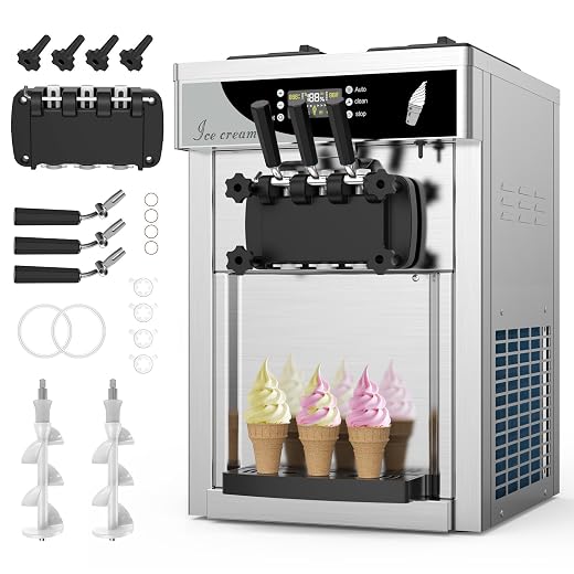 Soft Ice Cream Machine, Commercial Ice Cream Machine 1800 W, three Flavors Soft Serve Machine Countertop Puffing Tech with Auto Clean, 5.3-7.9 gal/hour LED Panel for Restaurants Dessert Shops