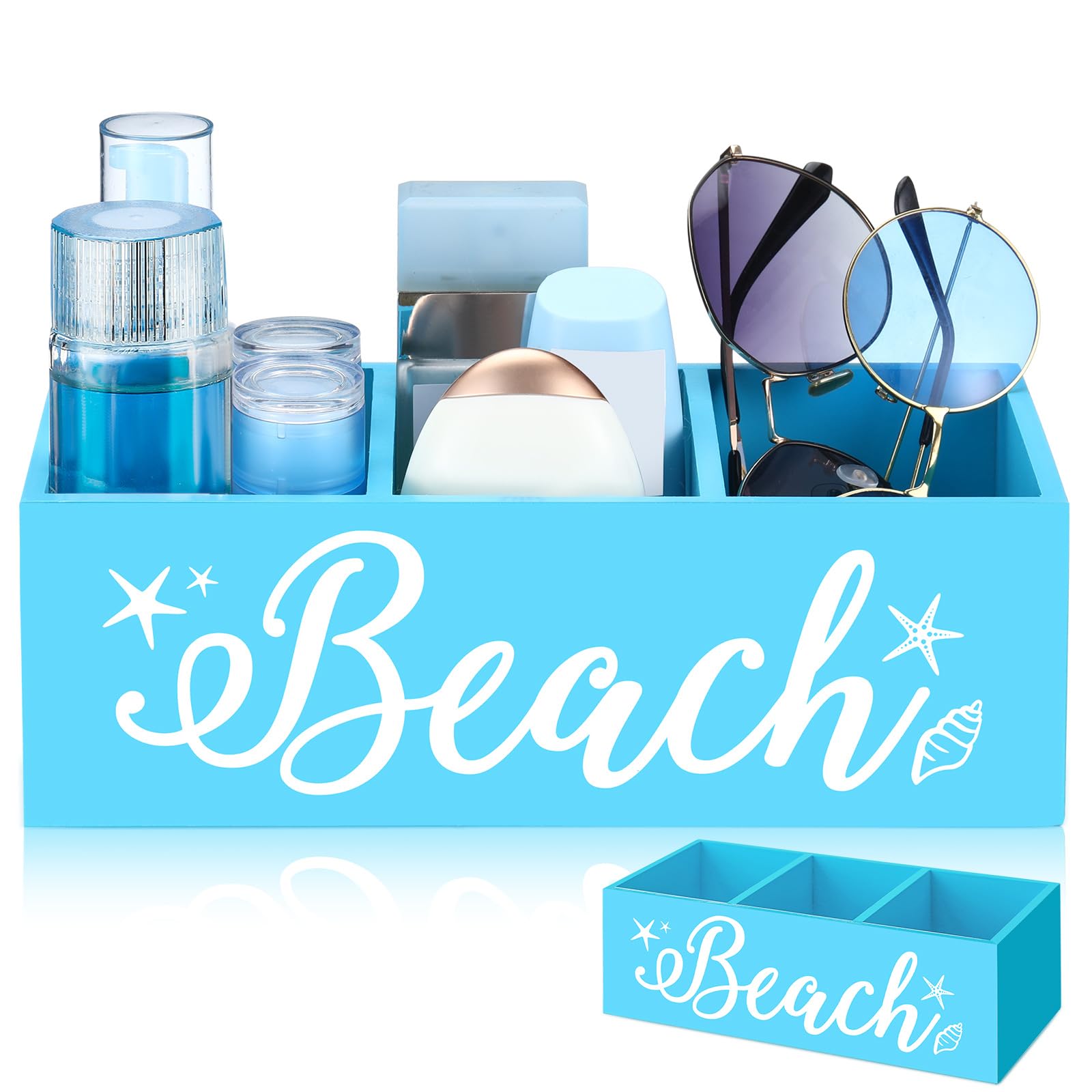 CroBlissful Strand-Aufbewahrungskorb, blaue Sommer-Holzkiste mit drei Fächern, Toilettentank-Tablett für drinnen und draußen, Schwimmbad, Dekoration, Sonnenschutz, Sonnenbrille, Pool, Spielzeug