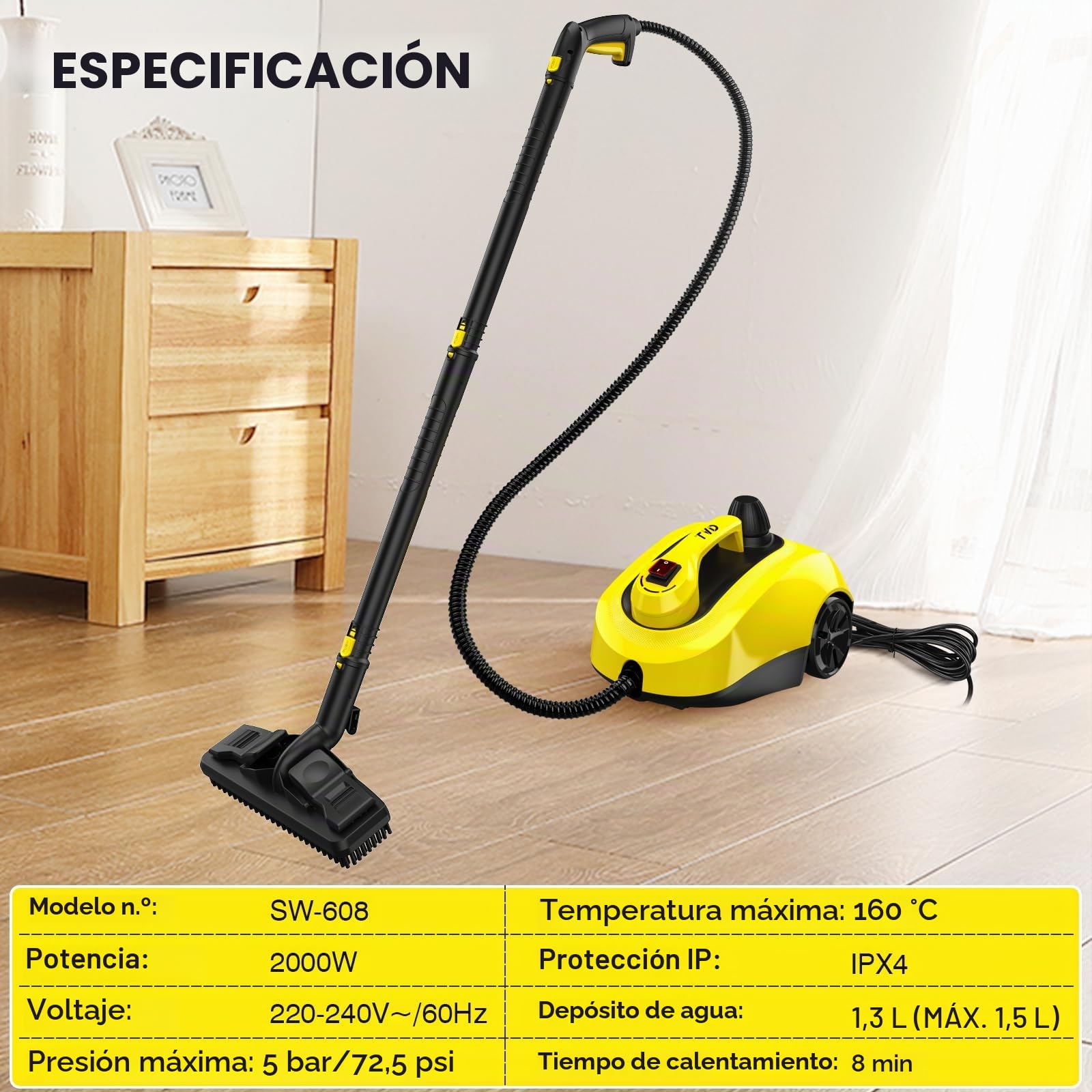 TVD Limpiador a vapor hogar, portátil limpiador vapor, con 26 accesorios | cable extra largo 5 m | para vapores, horno, azulejos, alfombras, cocina, baño | presión: 5 bar | 2000 W | sin químicos