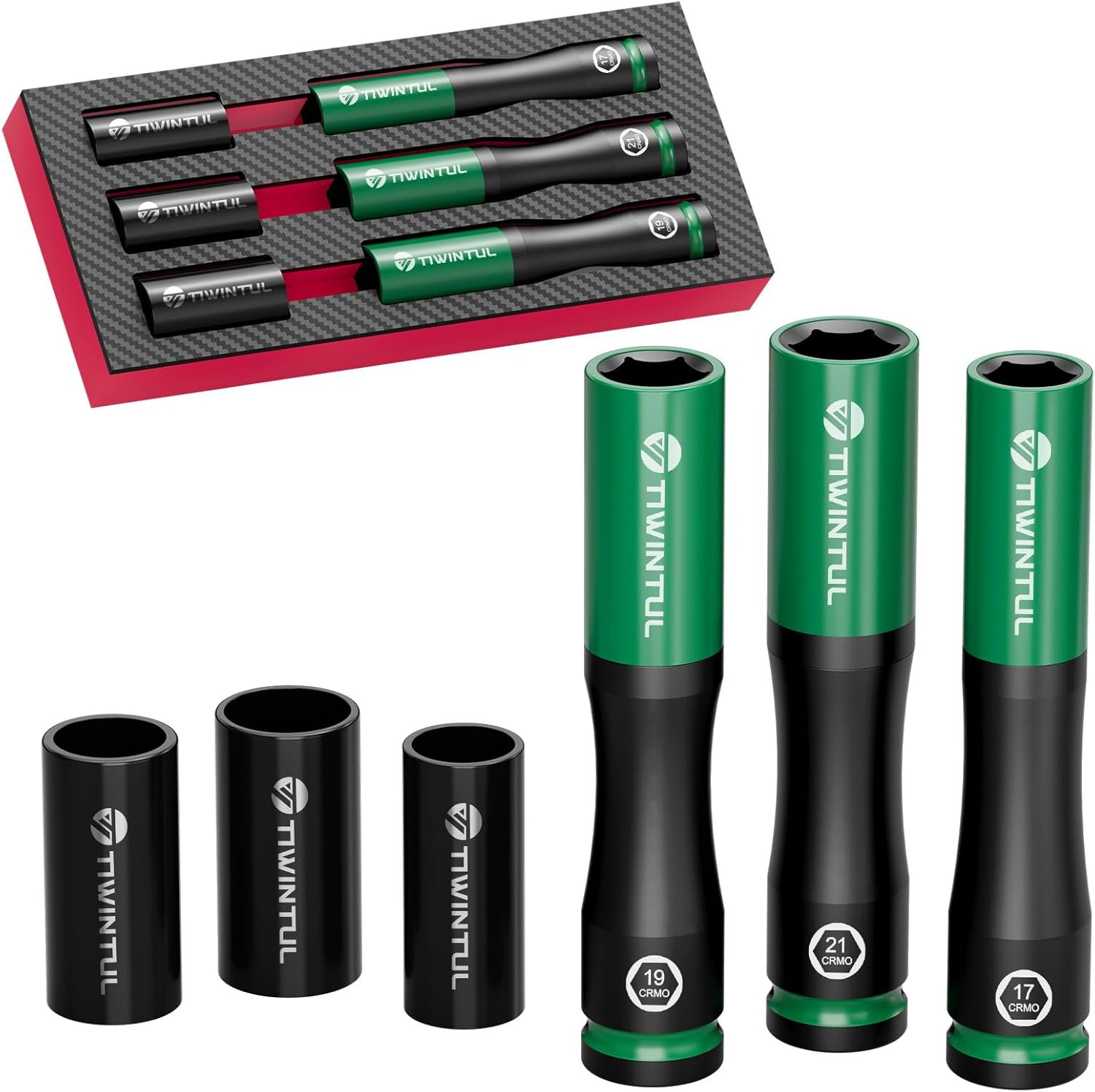 1/2" Extra Long Lug Nut Socket Set, 6Pcs Non-Marring Wheel Protector Impact Deep Socket Set, Metric 17 19 21 mm, CR-MO Steel & 6-Point, Thin Wall 150mm Deep Socket with 3 Protective Covers
