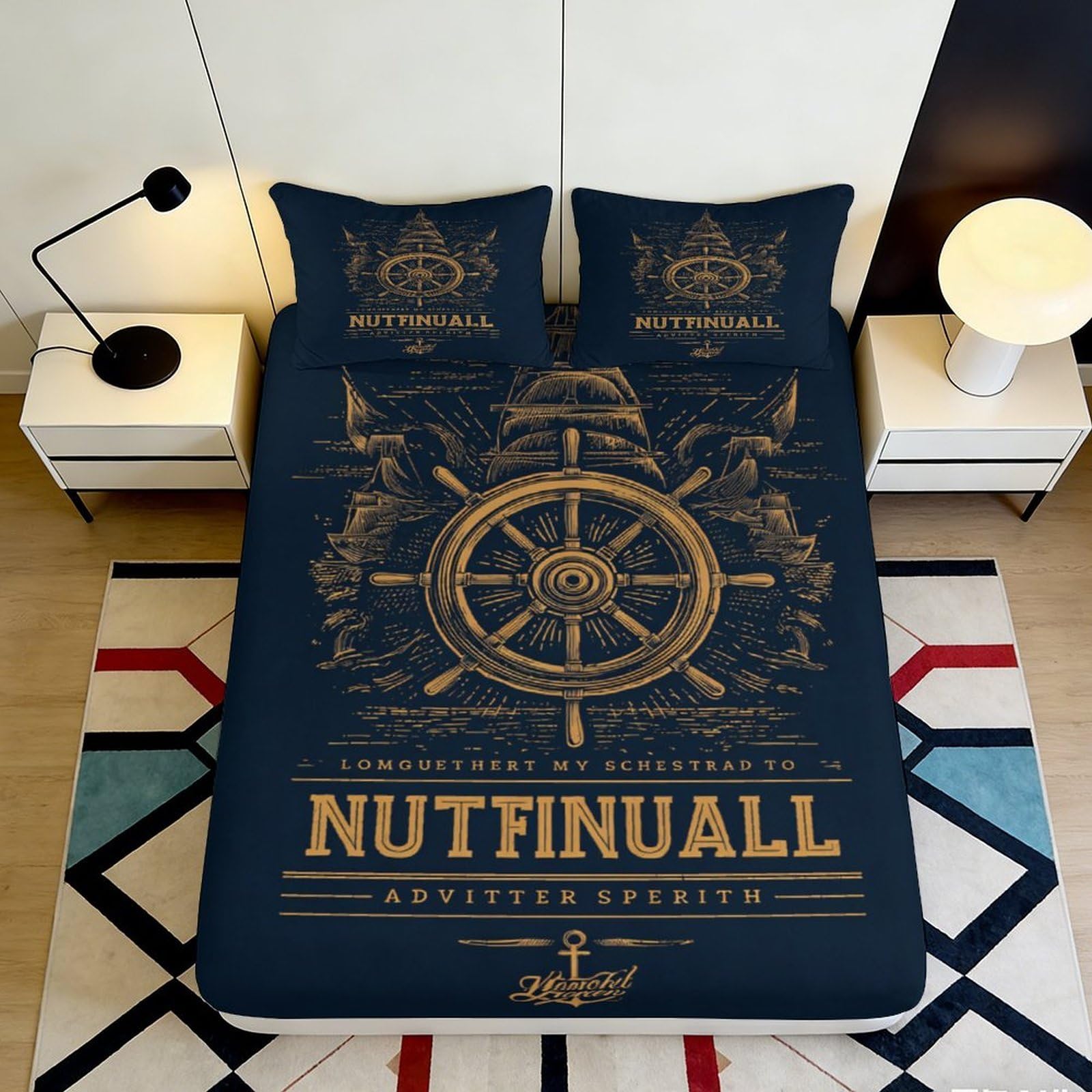 3D Printed Nautical Compass Fitted Sheet Microfiber Navy Blue Gold Anchor Bed Cover for Bedroom Guest Room Decor 90x200x25cm