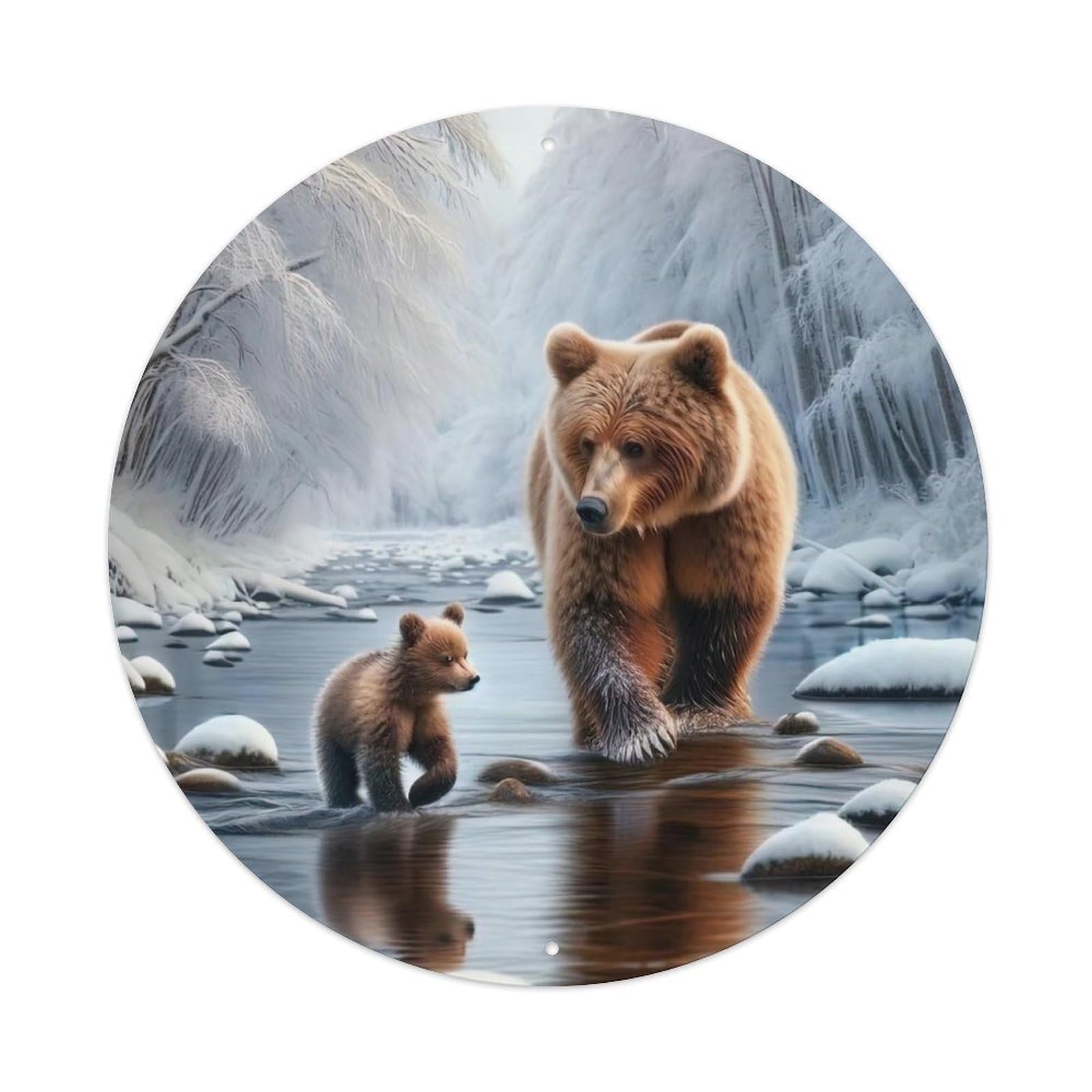 Cwbufd Vintage Style Wildlife Brown Bear Mother And Cub In Snowy Forest Stream Vintage Metal Tin Sign Plaque Wall Decor For Cafe, Club Bar, Office, Garden Metal Poster 8X8inch