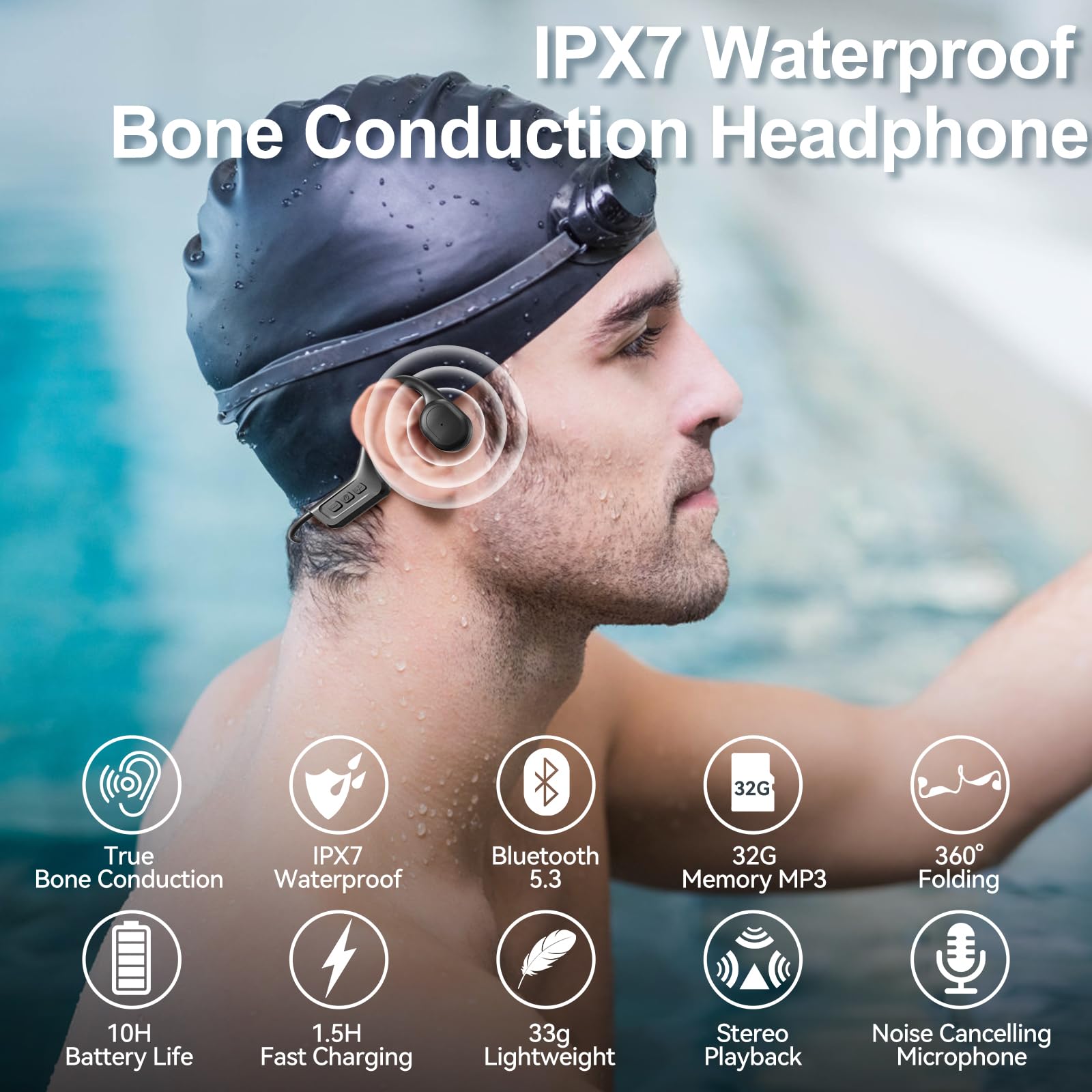 Generico Cuffie Conduzione Ossea,Impermeabilità IP67,Auricolari Wireless Bluetooth 5.3 con Microfono, Lettore musicale e Memoria 32GB Integrata Open Ear Auricolari Bluetooth per Corsa (Nero)
