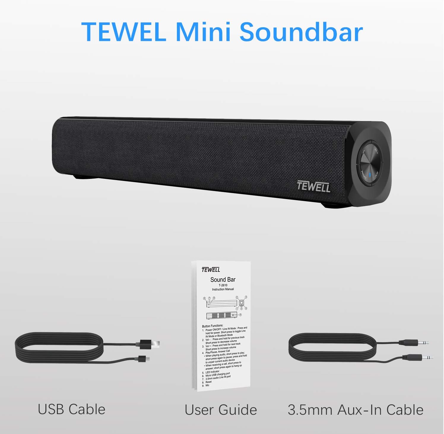 TEWELL Mini Sound Bar and included accessories: USB cable, user guide, 3.5mm Aux-in cable