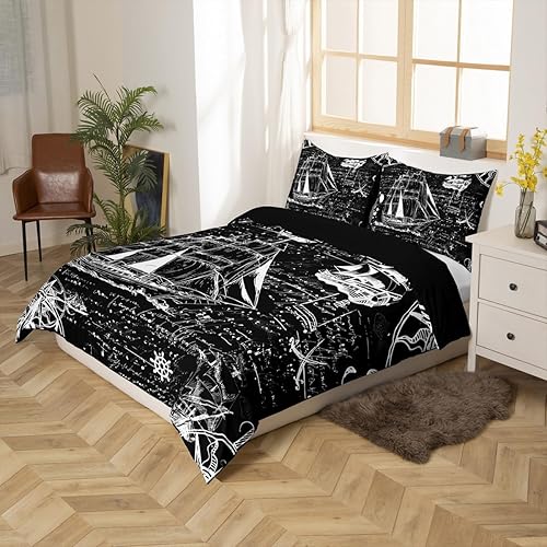 Miniatura 2 de jejeloiu Juego de ropa de cama náutica para niños y niñas, juego de funda de edredón con estampado de bote, decoración de ancla, funda de edredón