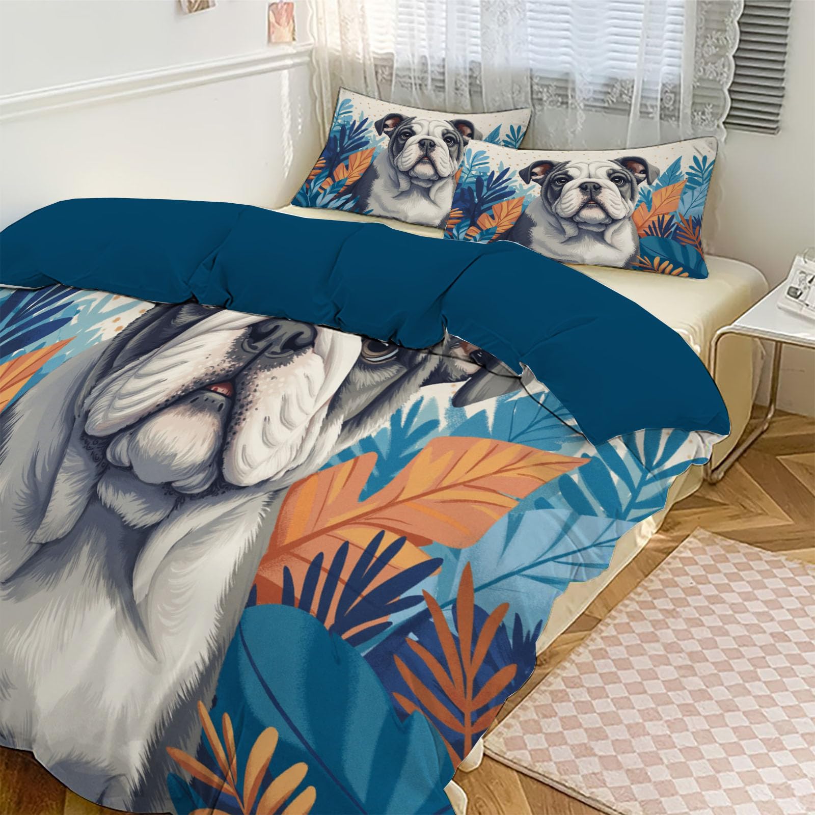 Housse de couette 200x200cm enfant bouledogue avec taies d'oreiller 65x65cm motif plantes