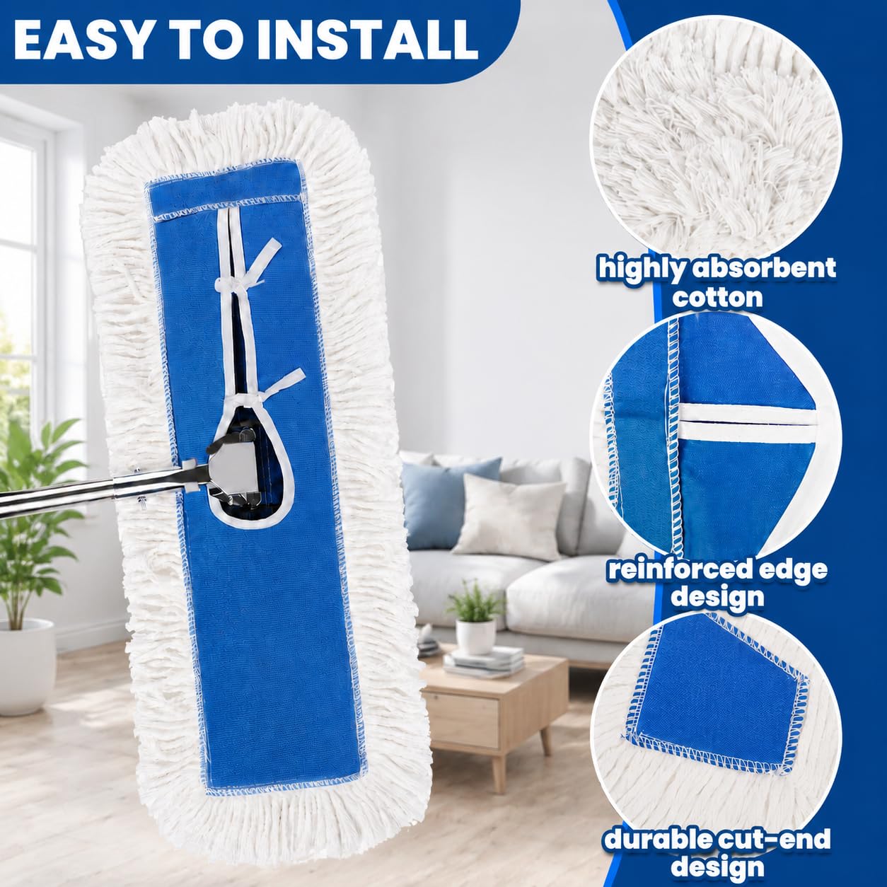 bonison Industrielle Stärke Baumwolle Staub Mop Head Refill, dick getuftet Ersatz Kopf für Zuhause, gewerbliche Nutzung, passend für Standard Größe Mop Rahmen, perfekt für Hartholz, Laminat, Beton