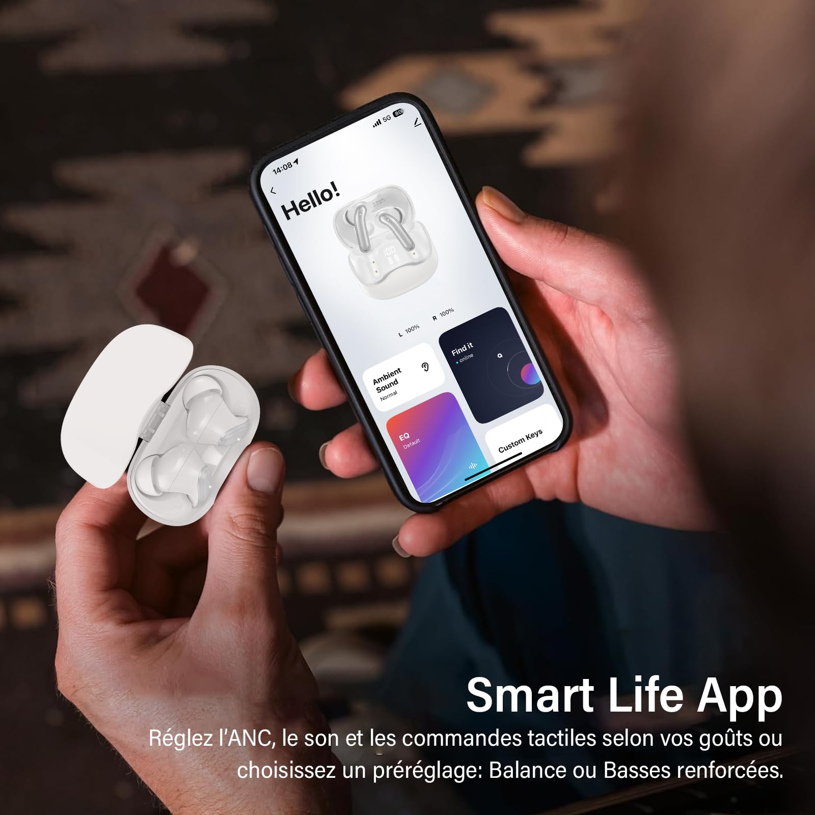 Écouteurs sans Fil à Réducteur de Bruit Hybride, Bluetooth 5.4, Hi-Res Audio Stéréo, 6 Microphones, 49H Autonomie, Charge sans Fil
