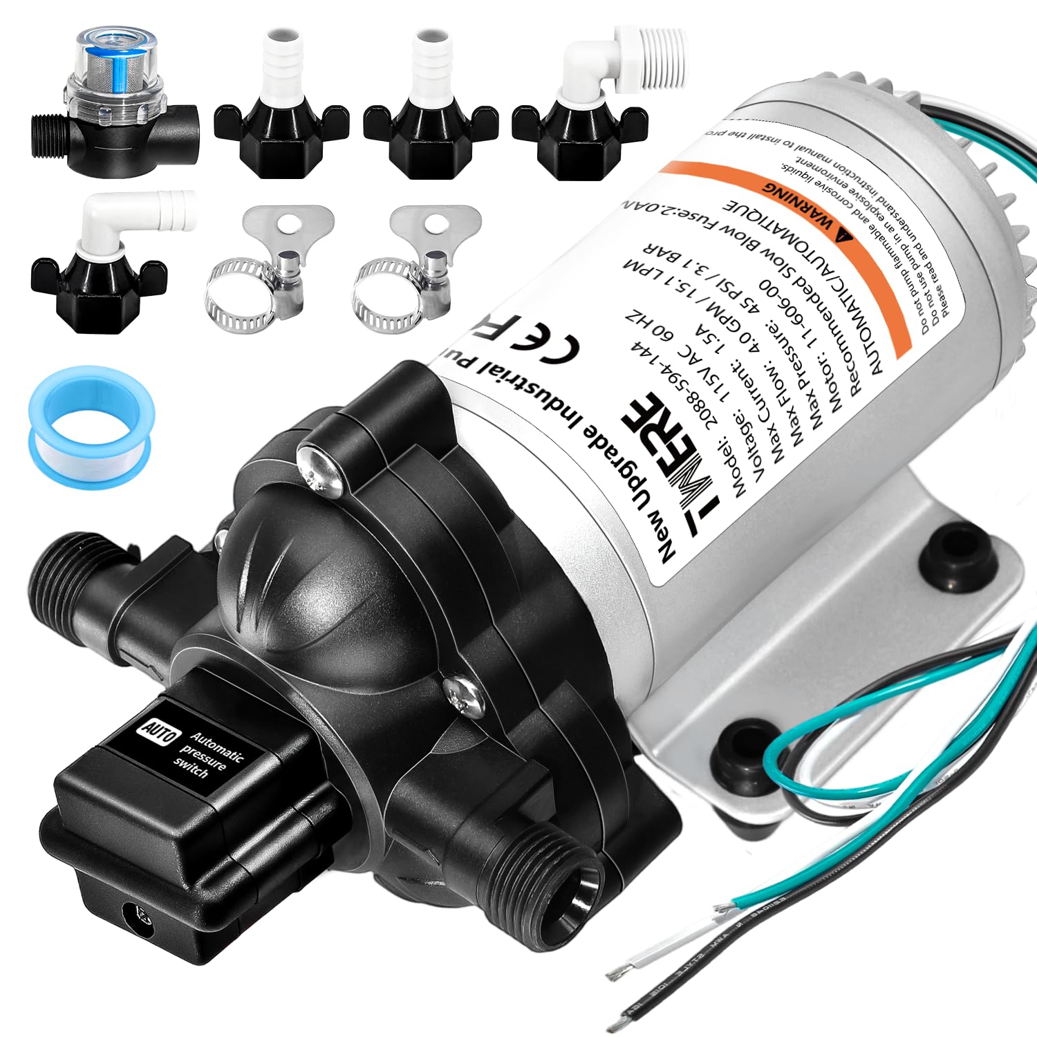 2088-594-154 Industrial Diaphragm Water Pump,115V 45PSI/3.1Bar 3.3GPM/11.4LPM 198GPH Industrial Pump,1/2in Portable Electric Utility Industrial Pump for Beverage and Water Applications