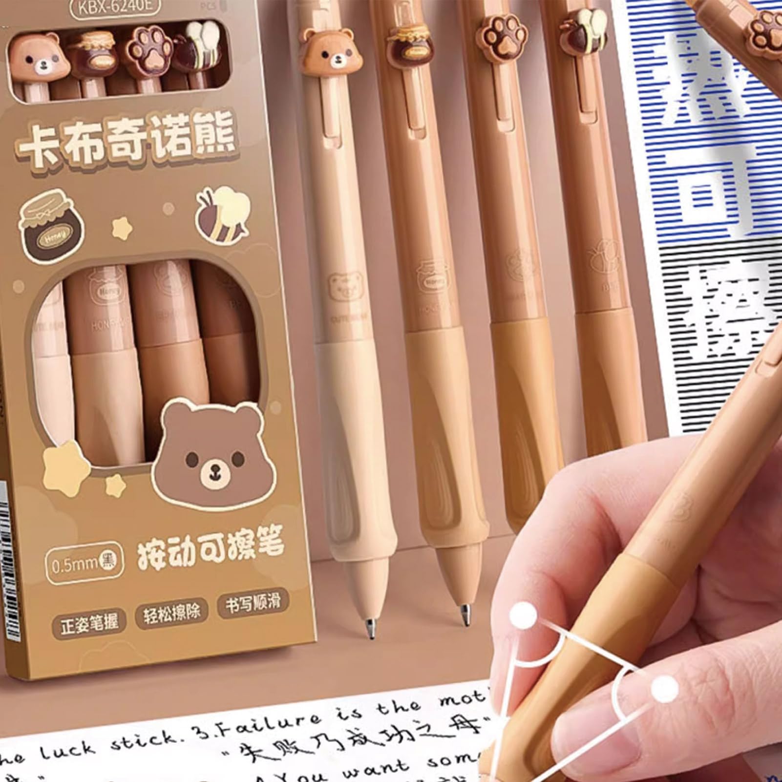 MOZXIRZ 4 penne cancellabili con inchiostro gel retrattile, a forma di orsetto, punta fine da 0,5 mm, per ufficio, scuola, per donne, ragazze e ragazzi (inchiostro nero)