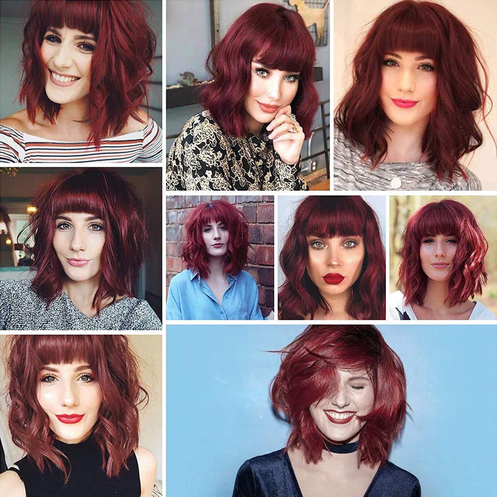 Red Burgundy Short Wavy Wigs with Bangs for Women, Wine Red Curly Shoulder Length, Bob Wigs for Women, Heat Resistant Fiber Natural Wigs for Daily Using