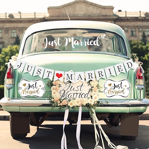 Tallew 4 juegos de decoración de automóvil con texto en inglés «Just Married» de 12 x 7.5 pulgadas, calcomanías para ventana de automóvil de 5.1 x
