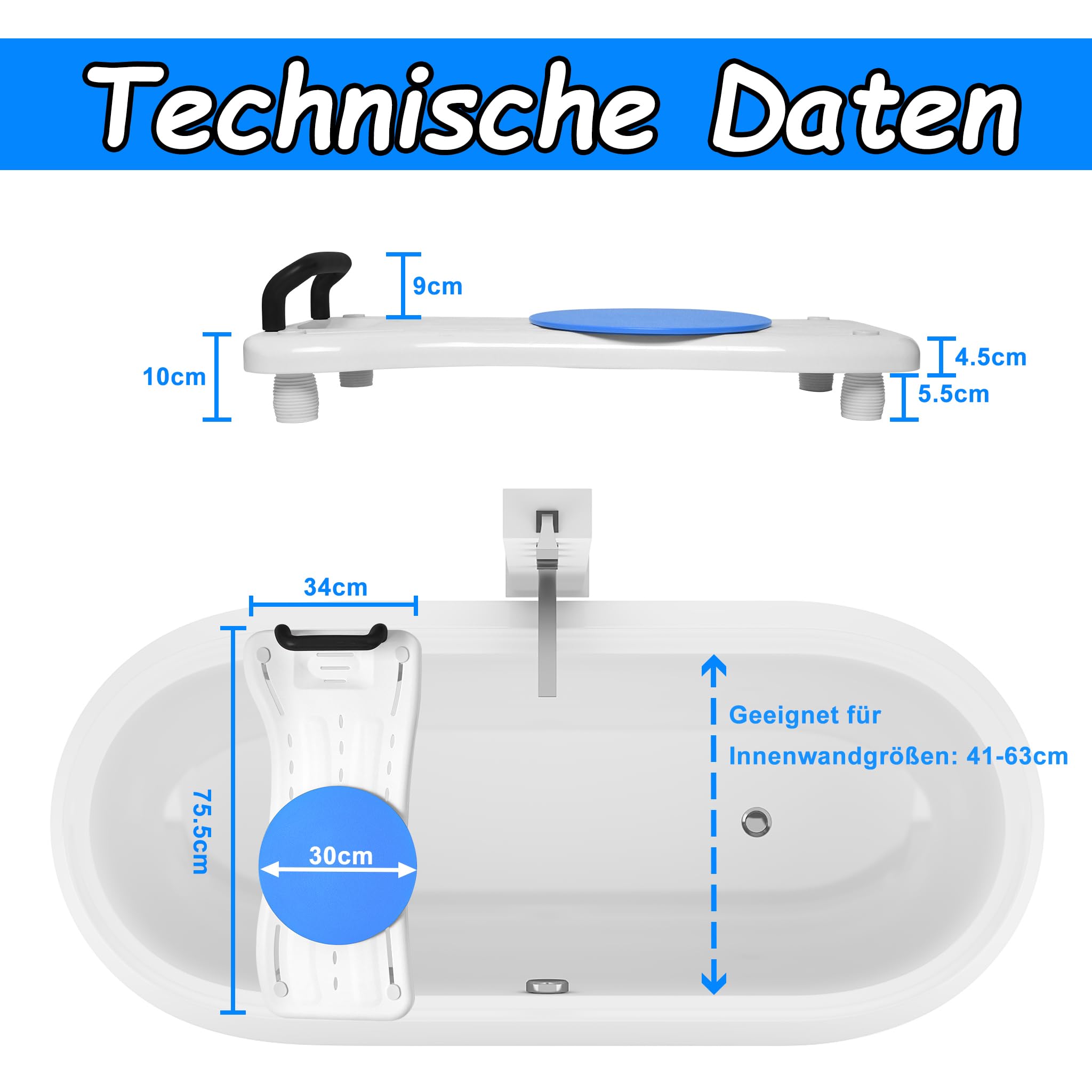 YRHome Badewannensitz mit Drehscheibe 75,5x34cm Badewannenbrett zum sitzen Badewannensitz Senioren Erwachsene Einstellbar Wannenbrett zum Sitzen für Badewanne Duschbrett bis 150kg mit Schwarz Griff