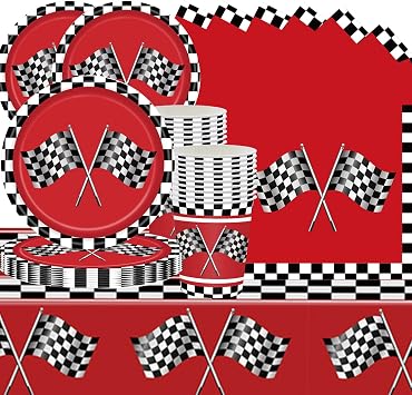 73 Pieces Racing Car Birthday Party Tableware Racing Car Party Tableware with Flag Paper Plates Cups Napkins Table Cloths Suitable for a Racing Car Theme Party for 24 People