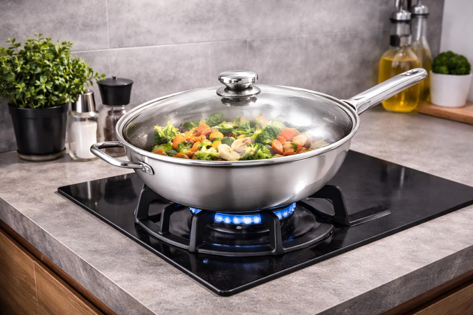 Edelstahl Wokpfanne 32 cm mit Glasdeckel – Ohne Beschichtung – für Induktion & Gas – für alle Herdarten – Wok Pfanne Groß
