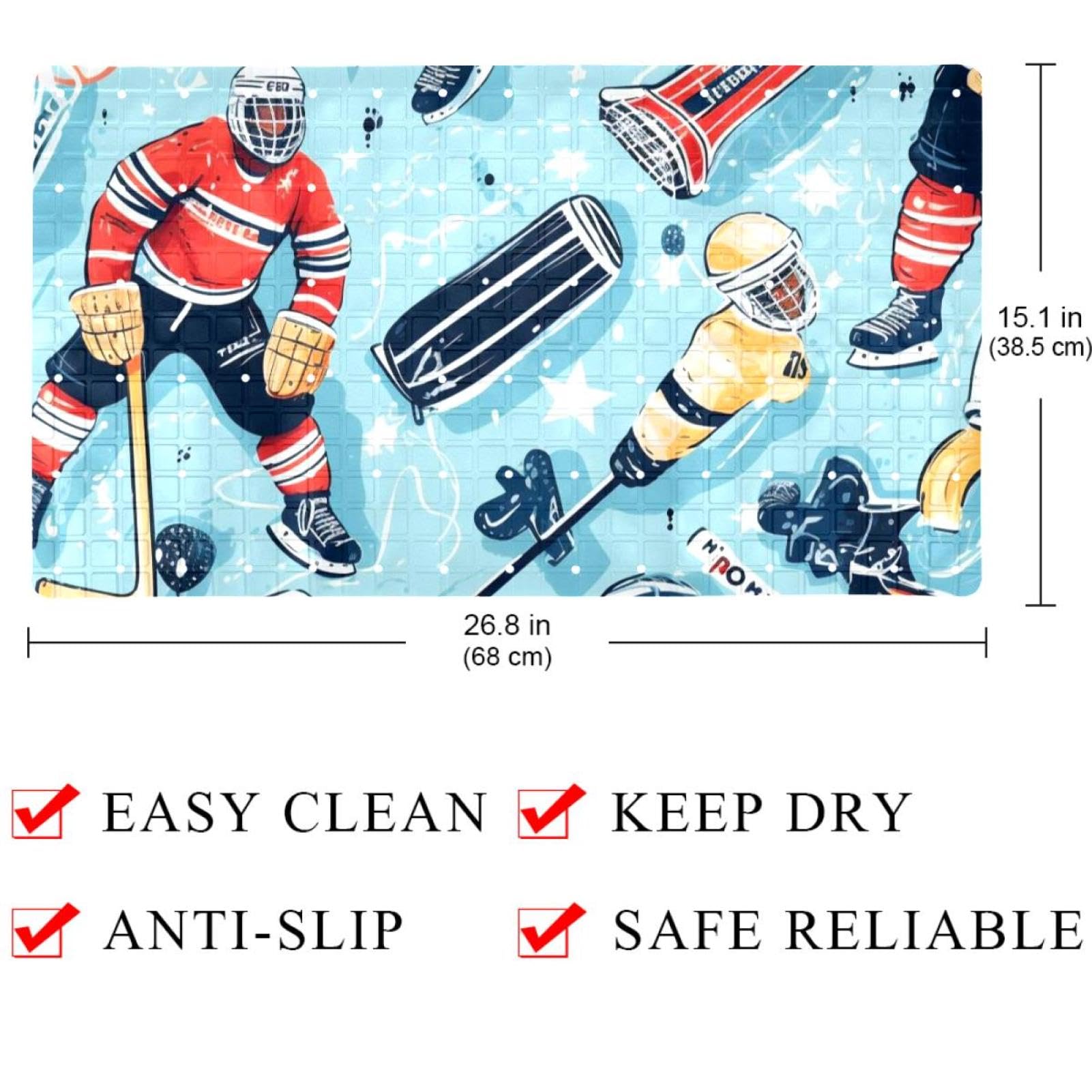 Tapis de douche antidérapant avec motif hockey sur glace - 38,5 x 68 cm - Tapis de douche en caoutchouc antidérapant avec trous de drainage et ventouses - Lavable en machine