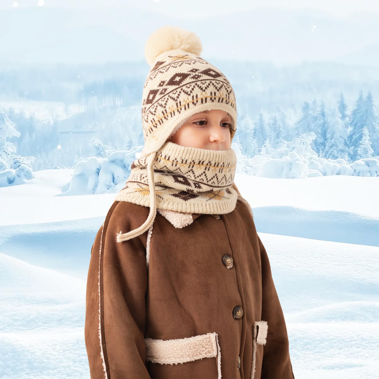 Juego de 3 piezas de invierno para niños con forro polar y gorra, polaina para el cuello, guantes para 3-8 años con pompón, cálidos, pantalla táctil, nieve, escuela, uso al aire libre