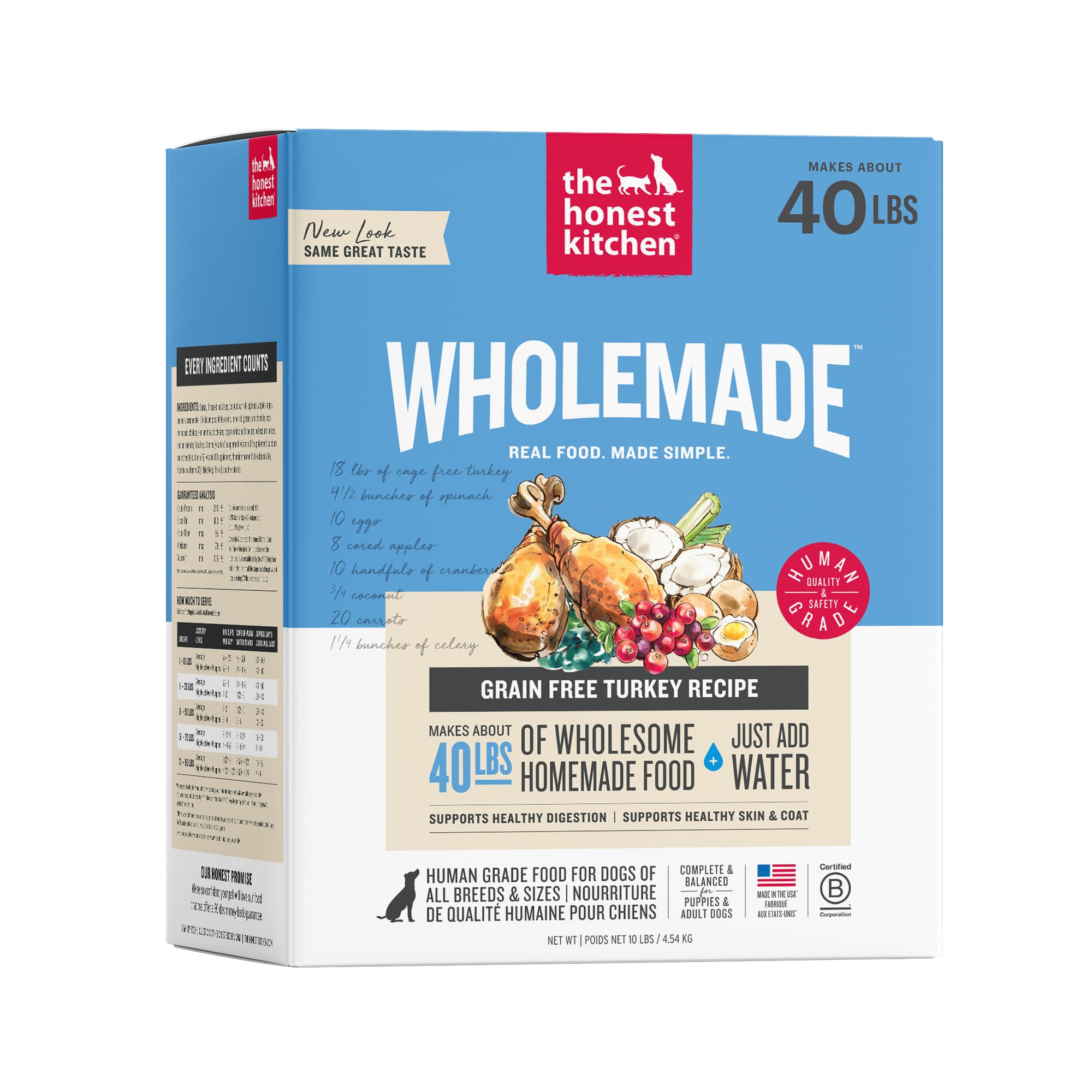 The Honest Kitchen Wholemade Grain Free Turkey Recipe, Human Grade Dehydrated Dog Food, Just Add Water, Supports Healthy Digestion, Skin &amp; Coat, Topper for Dry or Wet Dog Food, 10 lb Box Makes 40 lbs