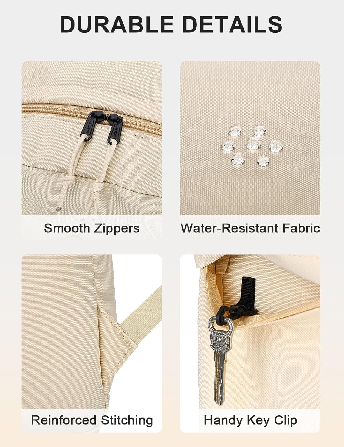 VASCHY Lightweight Backpack for School, Water Resistant Classic Bookbag with Side Pockets for Girls,Kids,Teens Beige