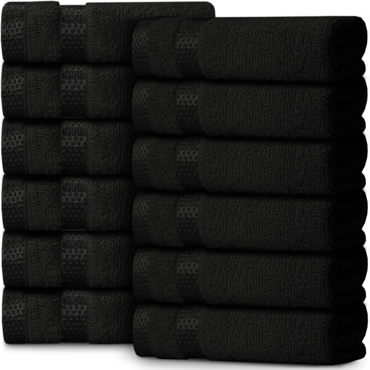 Casabella 12 Piece 100% Cotton Towels - 30x30 cm Quick Dry Flannel Face Towels - Soft & Absorbent Super Quality - Black