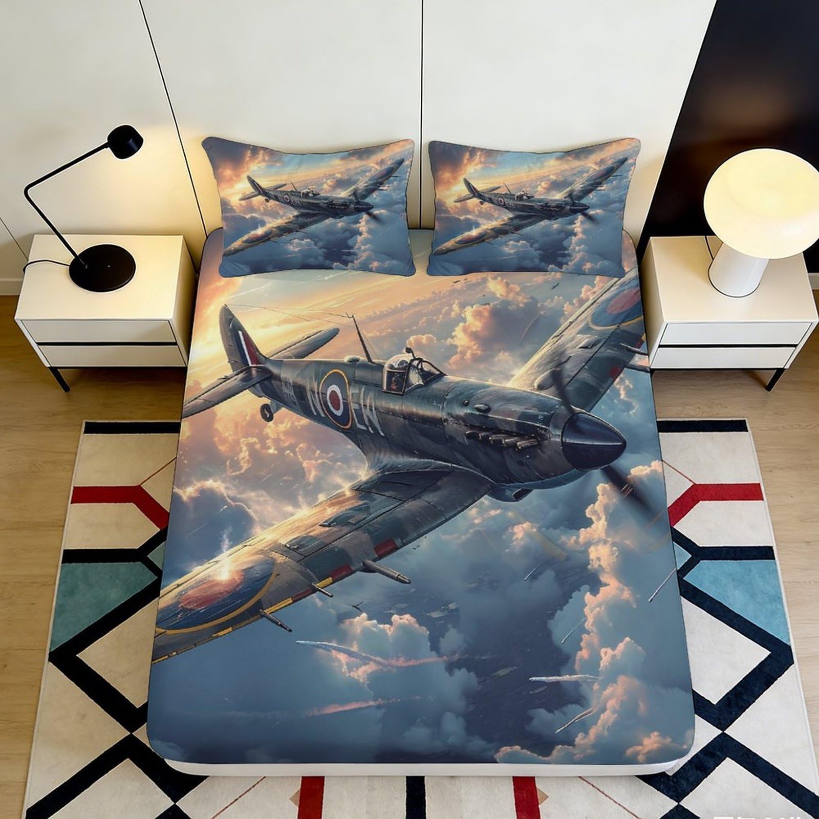 3D Printed Spitfire Aircraft Fitted Sheet Microfiber Soft Breathable WWII Plane Mattress Cover for Bedroom Decor 160x200x25cm