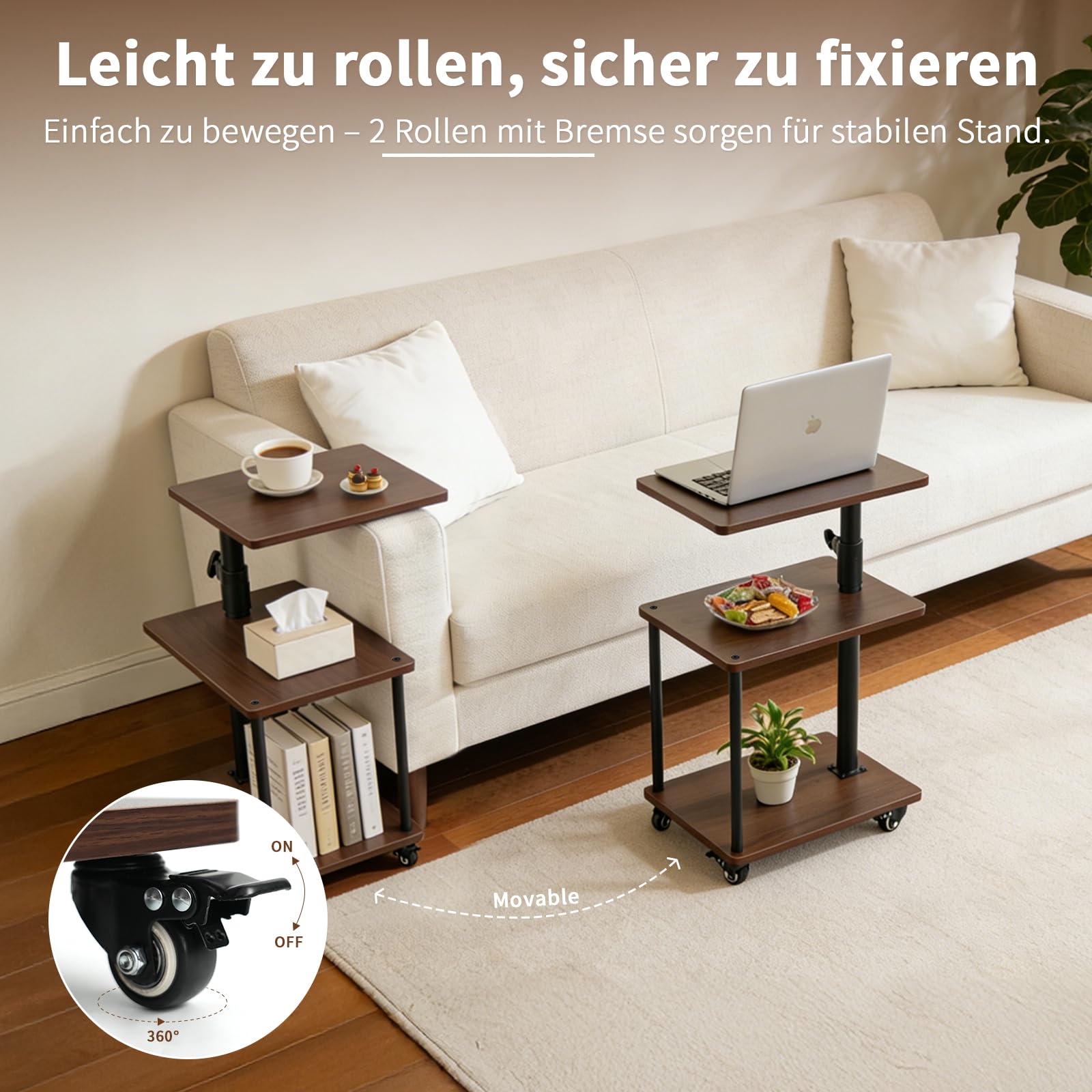 Beistelltisch auf Rollen mit Bremse, höhenverstellbar & 360° drehbar – Beistelltisch Couch/Side Table mit 3 Ablagen, stabilem Rohr, MDF Holzoptik, Walnuss