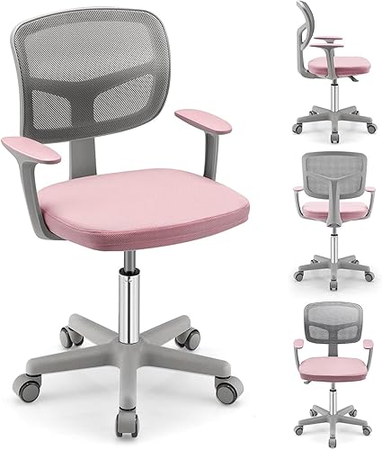 Silla de escritorio para niños, silla de estudio para niños de altura ajustable con soporte lumbar, asiento de malla giratoria, ruedas universales,
