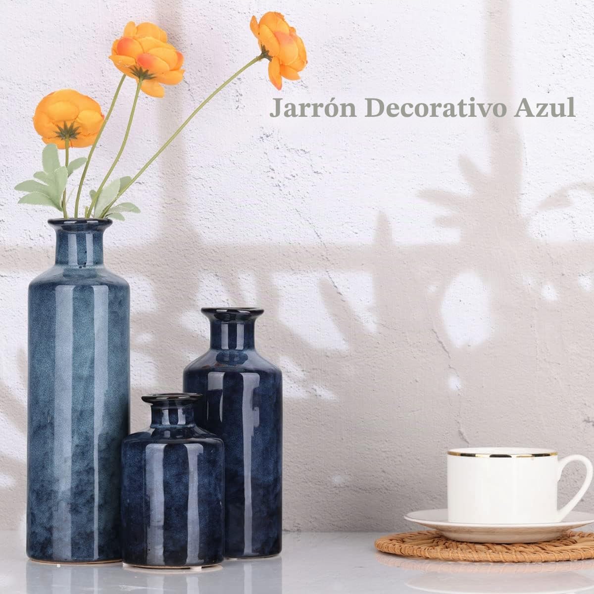 Juego de jarrones de cerámica azul, 3 jarrones pequeños azules, jarrón de flores de campo para decoración del hogar, decoración de sala de estar, decoración de mesa, decoración de chimenea y