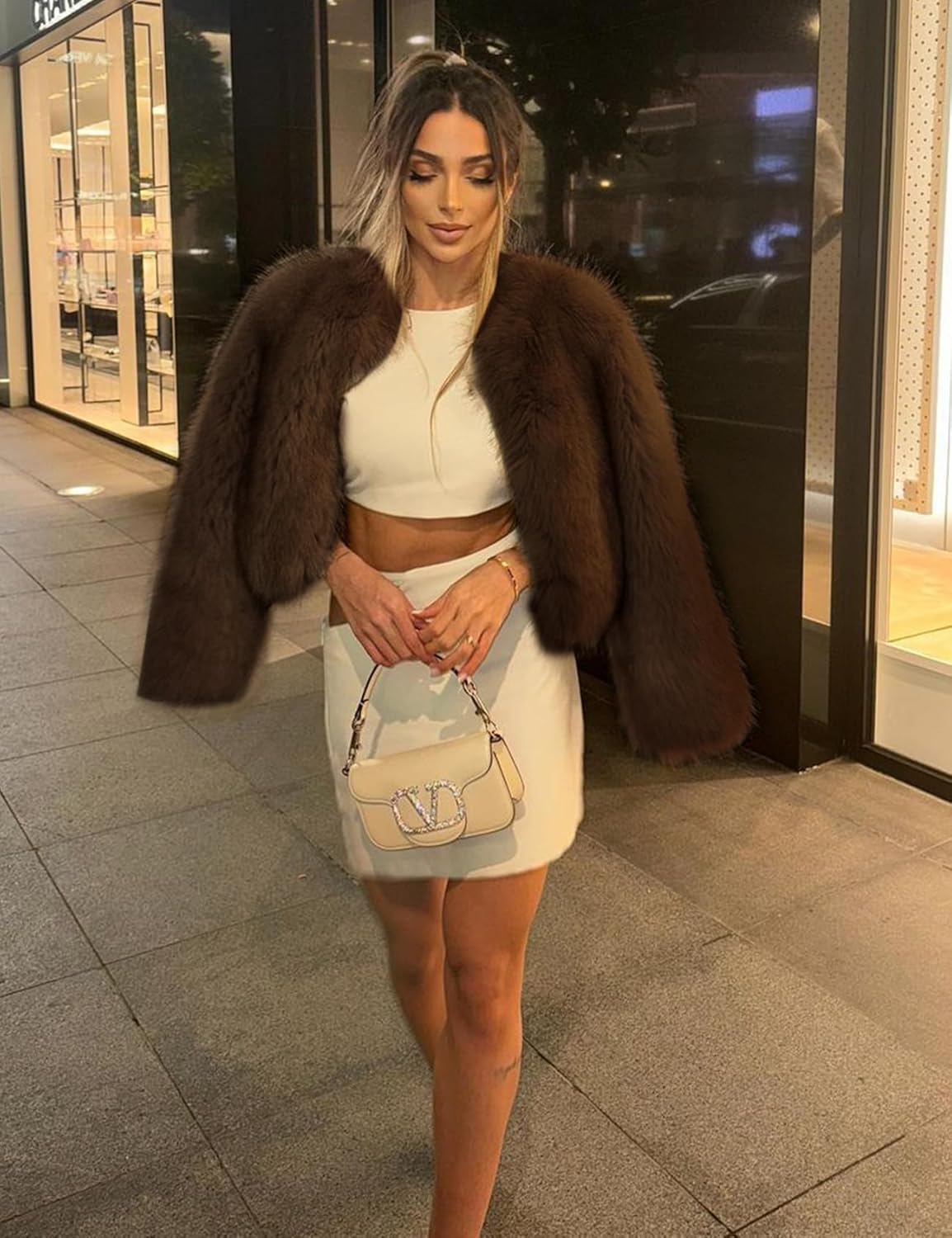 Wyeysyt Womens Faux Fur Coat Cropped Fur Jacket Fluffy Long Sleeve Open Front Fuzzy Winter Warm Outerwear - Image 4