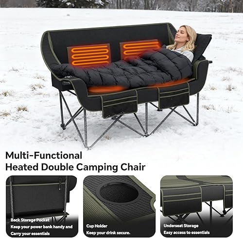 Miniatura 6 de SHIJING Silla de camping doble con calefacción, sillas plegables con calefacción para exteriores, silla de dos plazas con calefacción portátil para