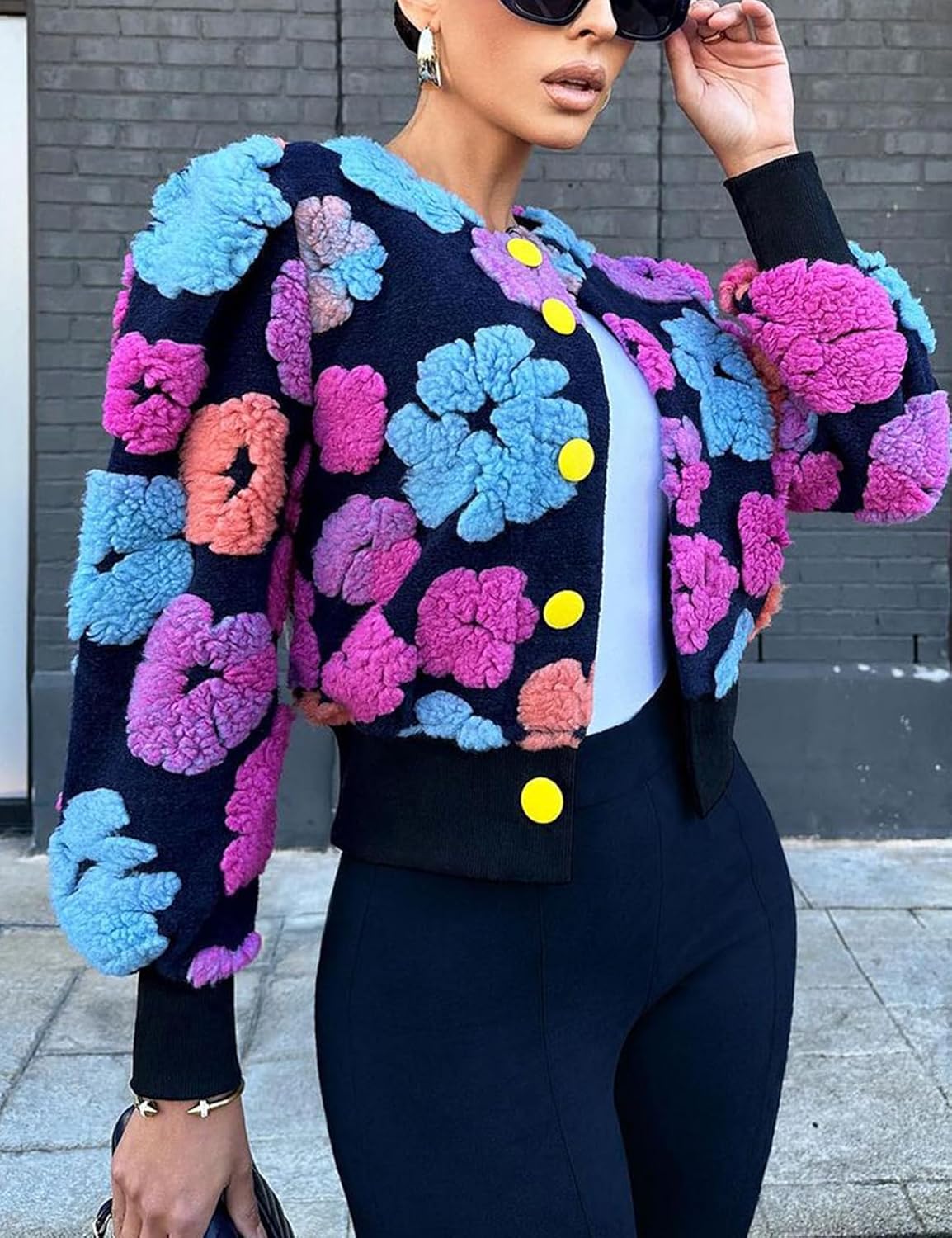 Yimoon Womens Cropped Floral Print Jacket Puff Sleeve Fleece Bomber Jacket Button Down Fall Winter Warm Outerwear - Image 3