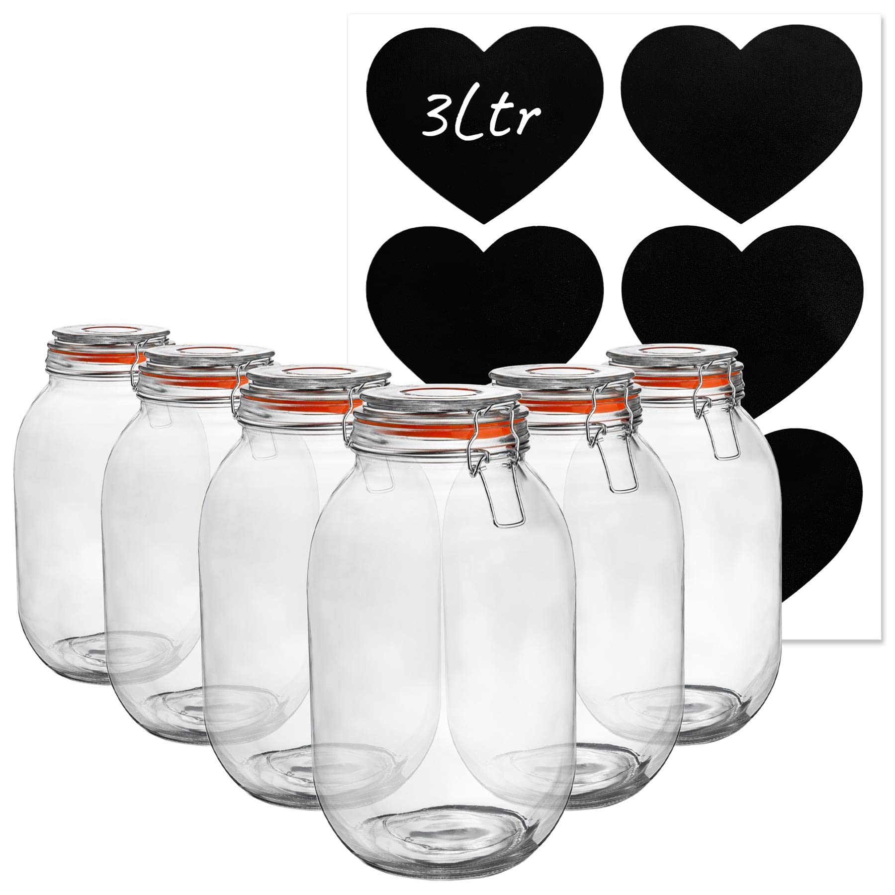 Argon Tableware Glass Storage Jars with Heart Labels - 3L Clear - Pack of 6