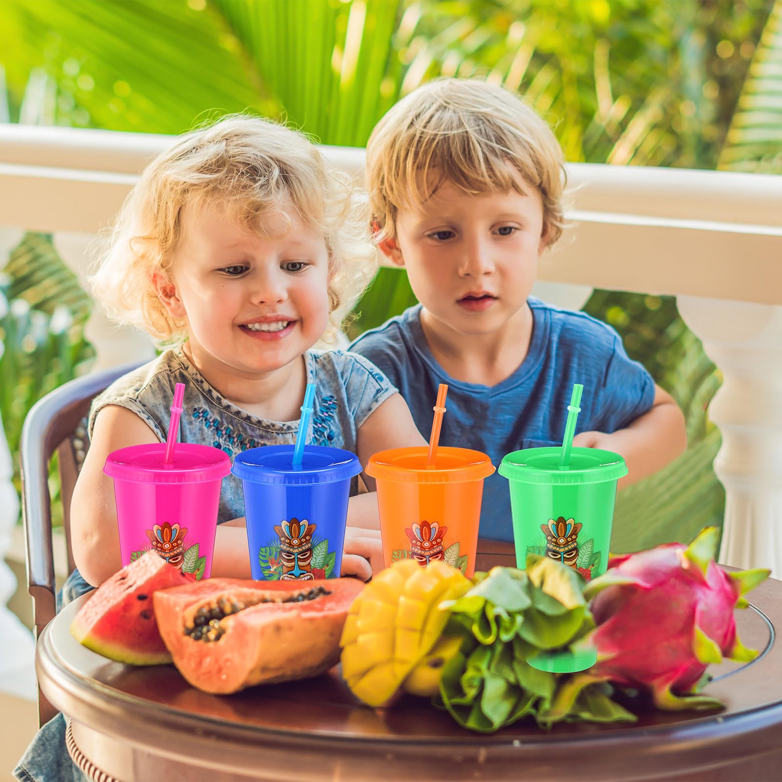 Kochorie 24 Pieces 24 Oz Hawaiian Cups Luau Tumbler Cups With Straw And Lid 6 Design Reusable Plastic Travel Mug Cup For Hawaiia Favors, Luau, Tiki
