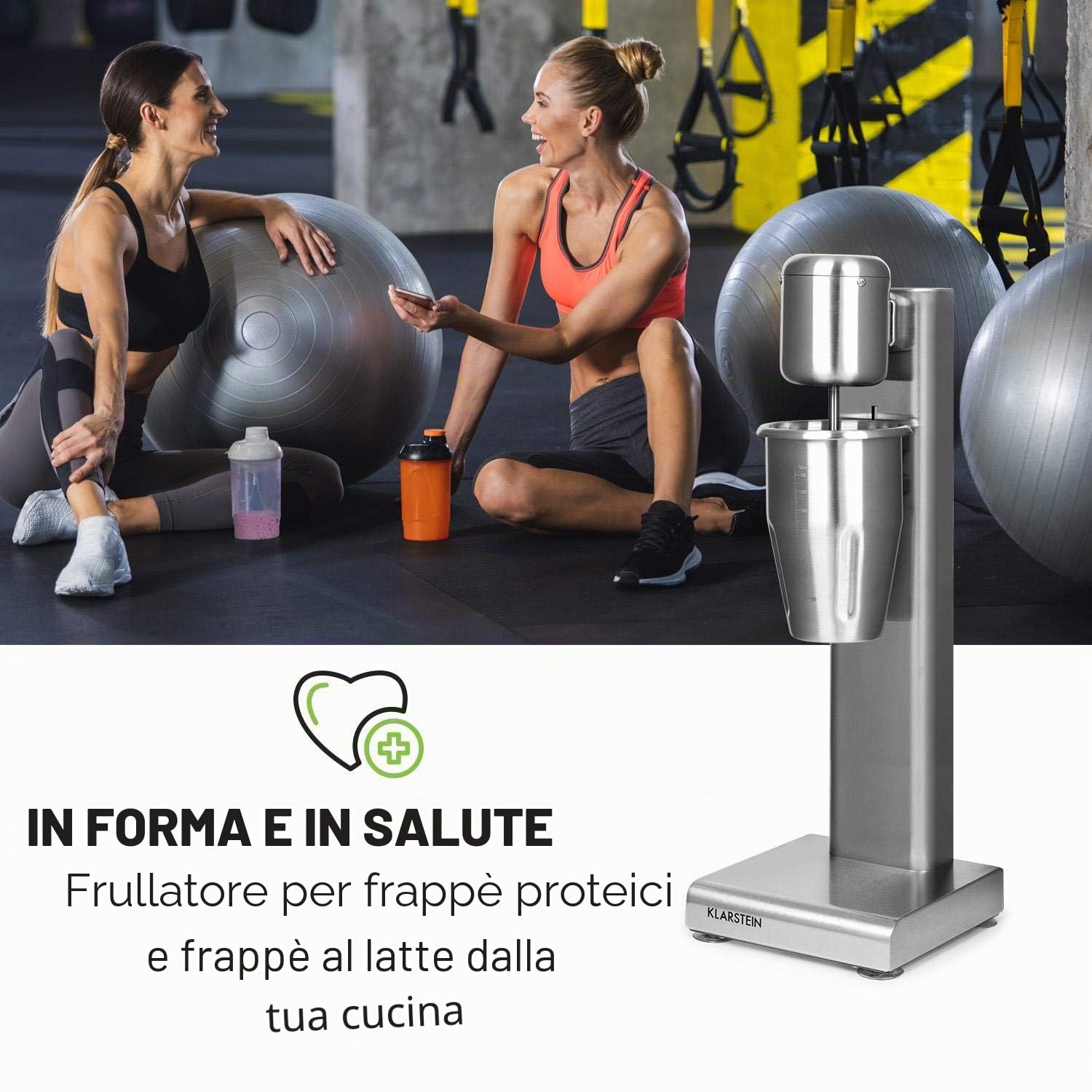 KLARSTEIN Kraftpaket Pro - Drink Mixer, 80 Watt, 1 L, 2 Livelli, 20000 giri/min, Bicchiere in Acciaio Inox, Milkshake & Frullati Proteici, Mixer per Bevande, Bar, Ristoranti, Professionale, Argento