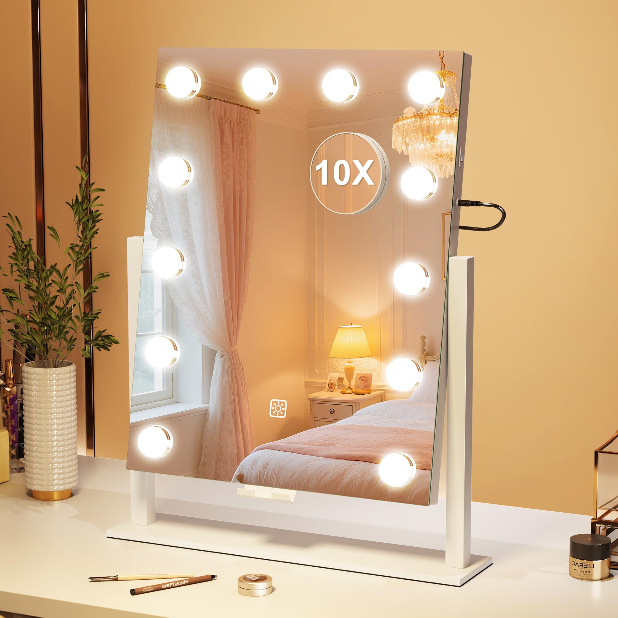 S'bagno Vanity Mirror with Lights, 12 Dimmable LED Bulbs, Detachable 10X Magnifying Mirror, Touch Control, USB Rechargeable, Tabletop Hollywood