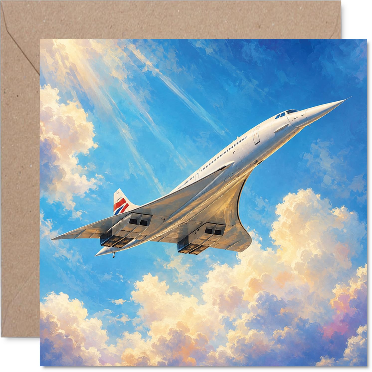 Concorde Birthday Card - Nostalgic Skies Await - Painterly Jet Soaring Through Sunlit Clouds - Captures the Exhilaration of Travel and Adventure - 145mm Square, Envelope Included