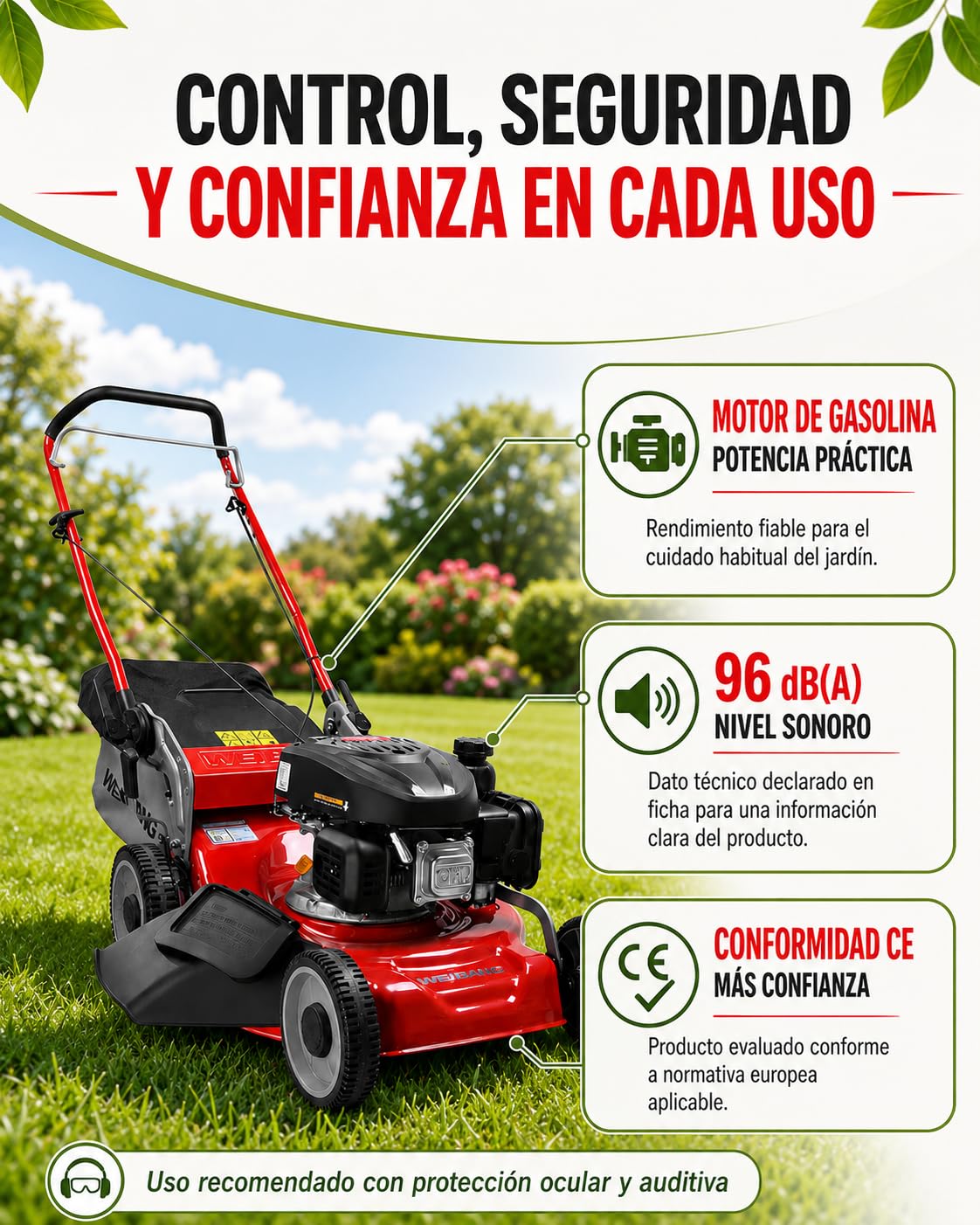 WEIBANG Cortacésped a Gasolina, Motor Loncin 1P65FE1, 45 cm Ancho de Corte, Función 3 en 1, Chasis de Acero, Saco de 50 l