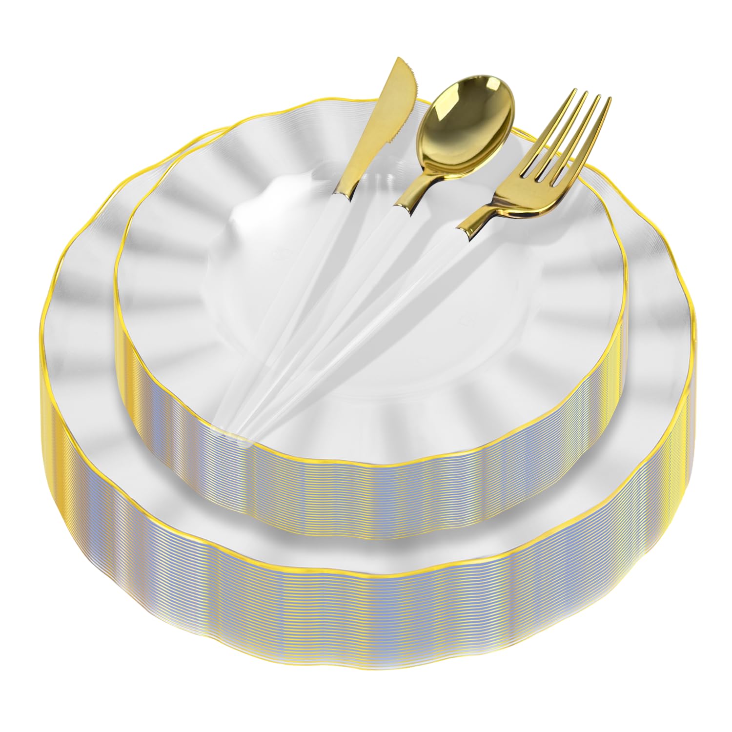 150Pcs Plastic Plates with Gold Rim,Heavy Duty Clear Plates for 30 Guests,Plastic Dinnerware Set Include 30 Dinner Plate,30 Dessert Plate,90 Gold Cutlery Set for Party (Clear)
