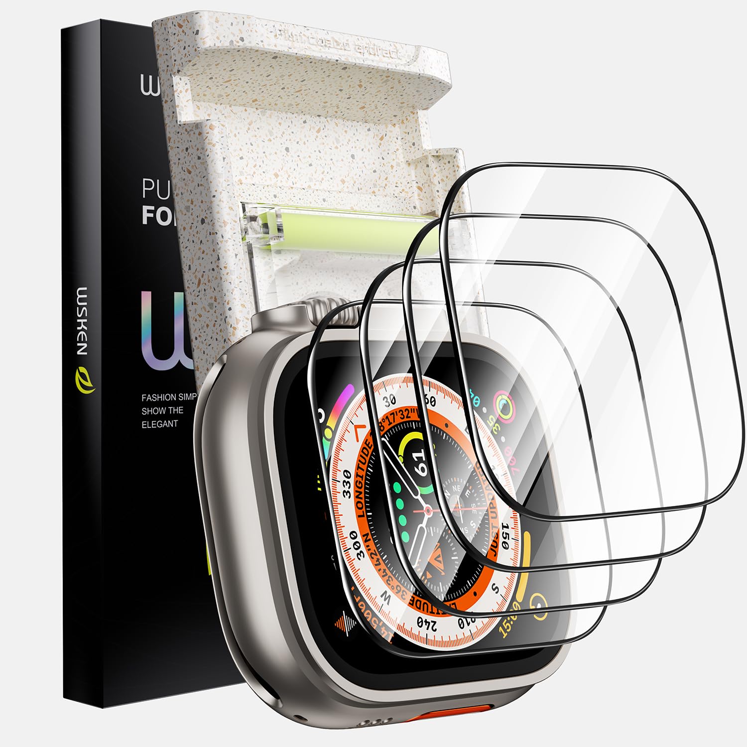 WSKEN for Apple Watch Ultra 2/Ultra Screen Protector 49mm, [Auto-Dust Removal] [Touch Sensitive] Full Coverage HD Tempered Glass Film with Zero-Bubble Dust Clean Installing House for iWatch,4 Pack