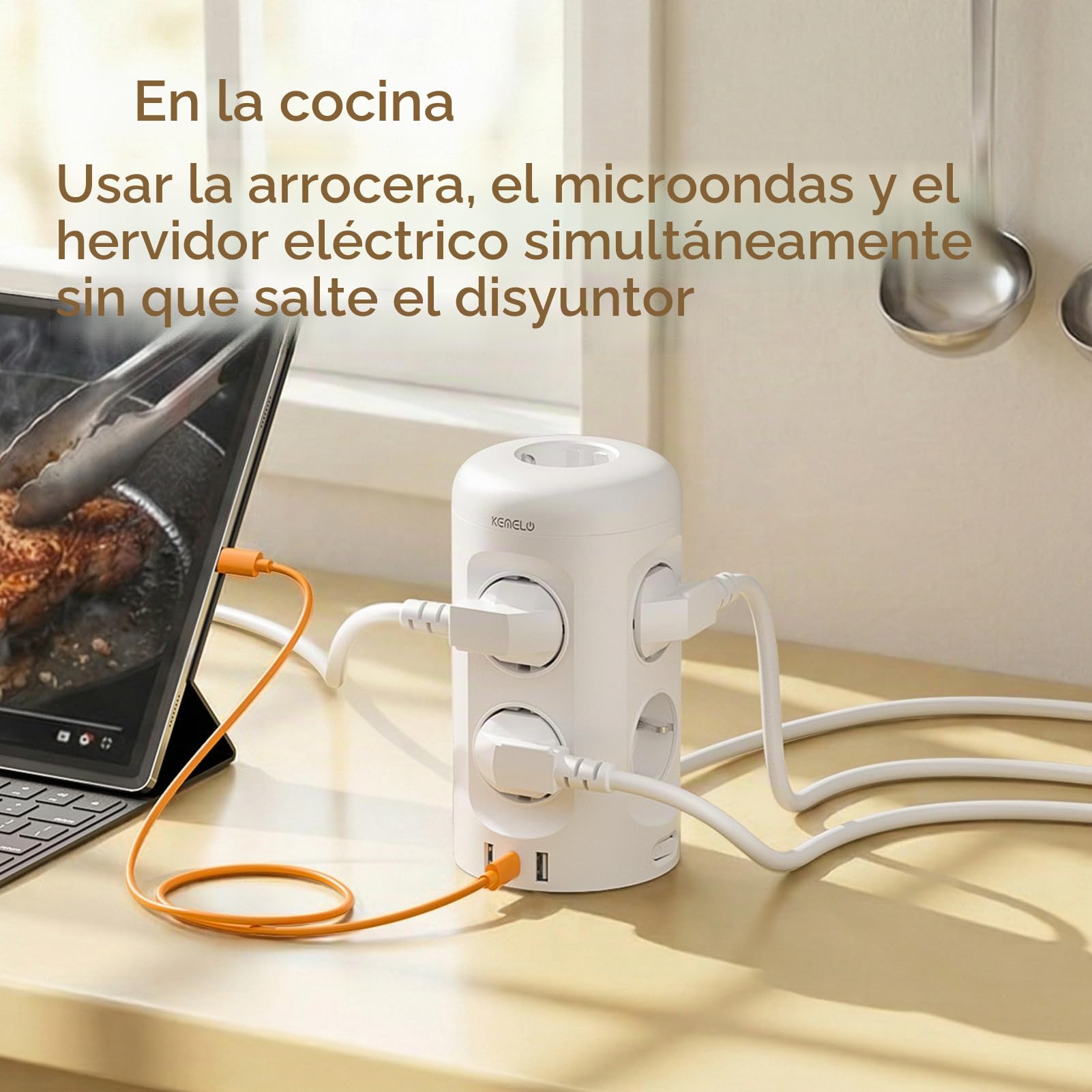 Regleta Enchufes con USB C, 12 en 1 Enchufe Multiple (9 AC y 3 USB), 3680W/16A, Regleta Enchufes Proteccion Sobretension, 2M Torre Enchufes Vertical con Interruptor para Mesa, Oficia, Casa, Blanco