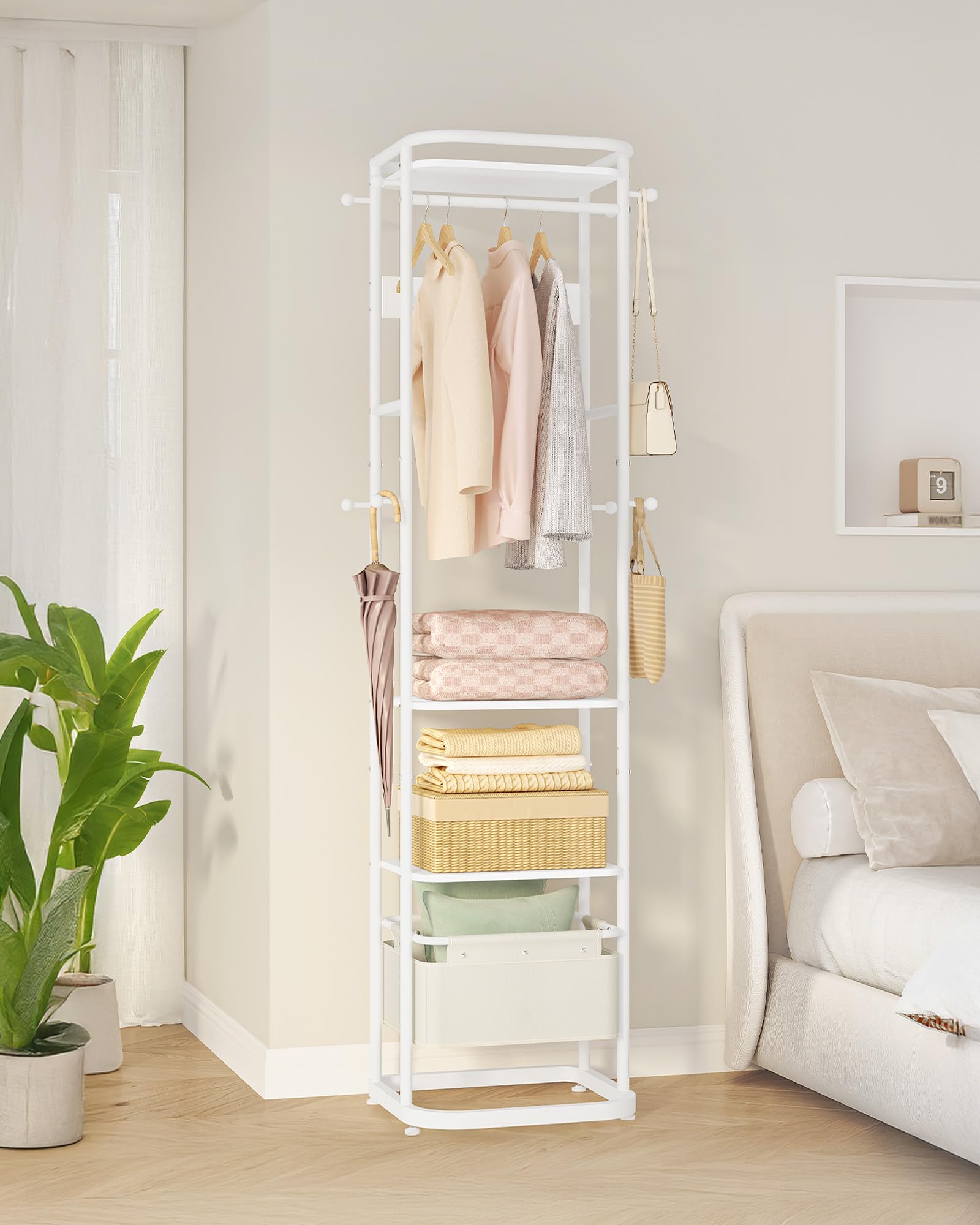 Hzuaneri Perchero, perchero de pie, 40 x 44,5 x 182 cm, 3 estantes, 11 ganchos, 1 cesta, perchero entrada recibidor para bufandas, bolsas, para dormitorio, pasillo, entrada, oficina, Blanco CR34703W | Cesta de almacenamiento grande de 40 x 44,5 x 182 cm,
