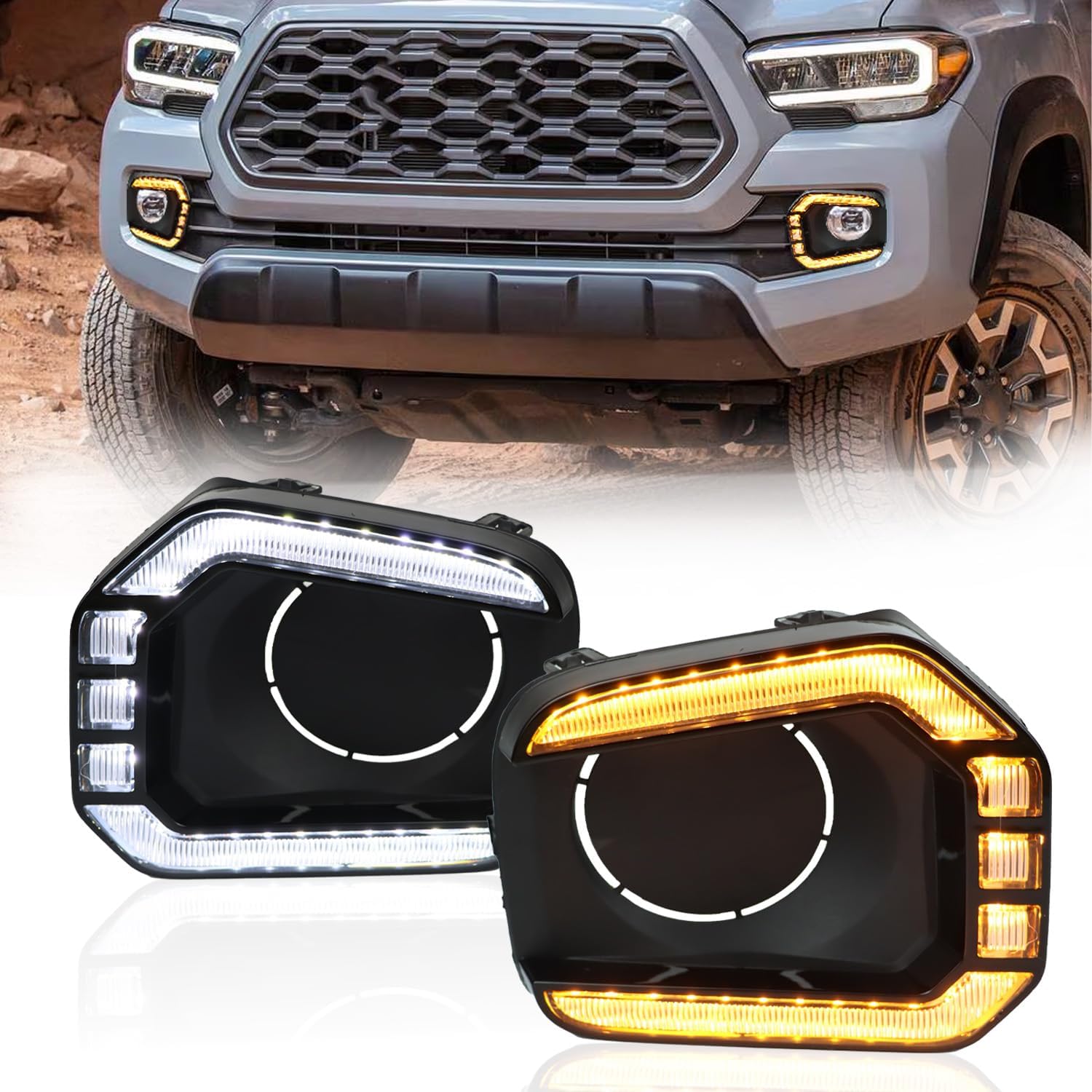 One Pair LED Front Bumper For Lights for 2016-2023 Toyota Tacoma SR/Limited/Trail Edition,LED Fog Lamp Bezel with White Daytime Running Light DRL, Amber Turn Siganl Light