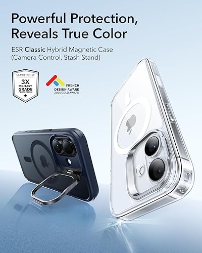 Vista 750 de ESR - Funda para iPhone 15 compatible con MagSafe, funda protectora de grado militar con soporte integrado, cubierta trasera resistente a