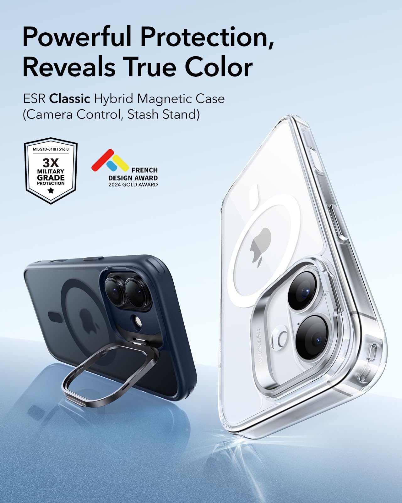 ESR Cover per iPhone 17, Controllo della fotocamera, Compatibile con MagSafe, Supporto integrato, Protezione di livello militare, Retro resistente ai graffi, Serie Classic, Blu Trasparente