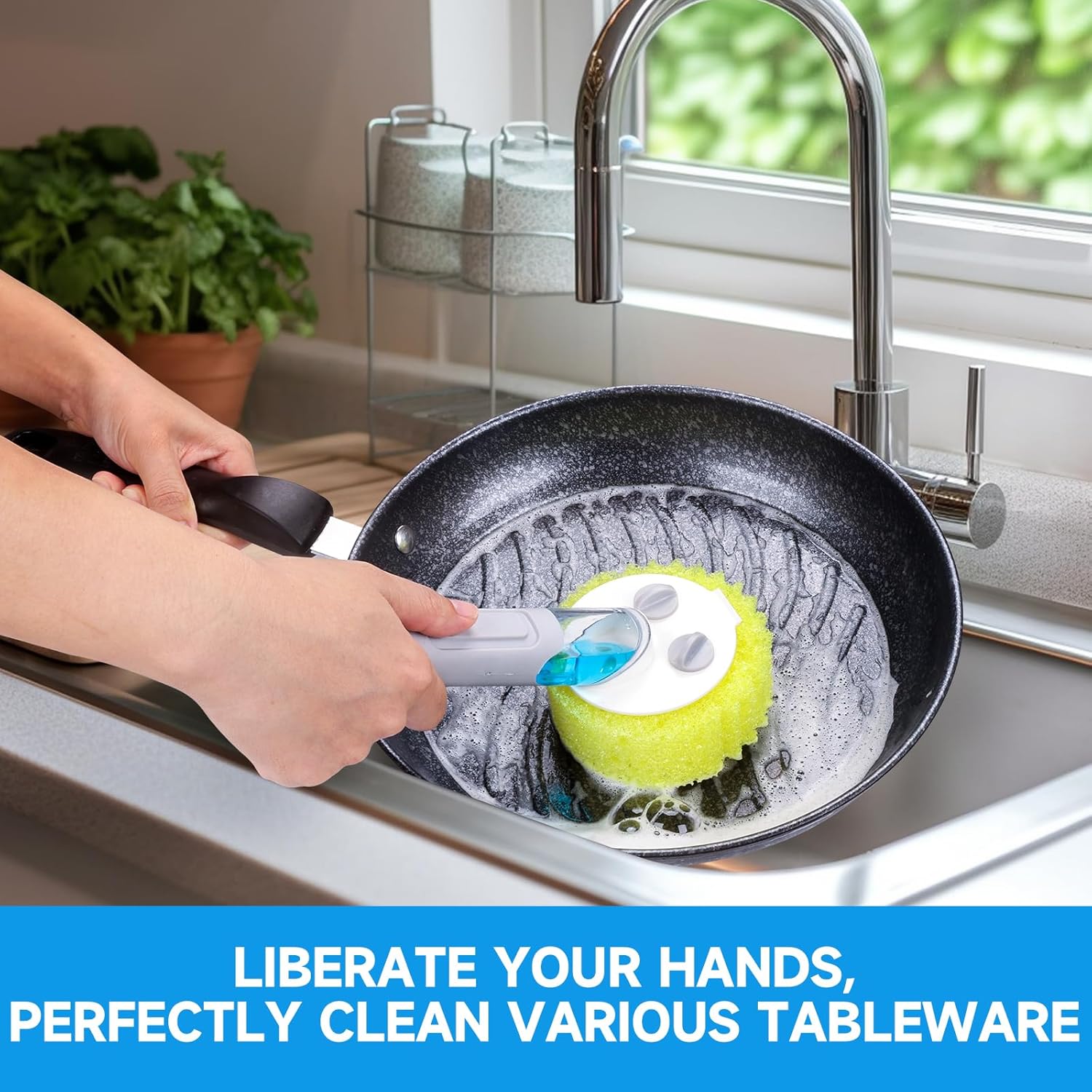 Smile Sponge Dish Wand Holder for Scrub Daddy, Soap Dispensing Handle, Scratch Free Kitchen Handle with Food Scraper - Image 4