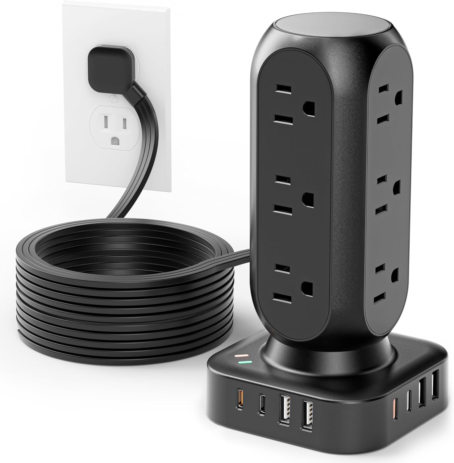 Flat Plug Power Strip Tower, TenTrend Dual PD 20W USB-C Surge Protector with 12 AC Outlets & 8 USB Ports (4 USB C), 40W Total Fast Charging Station, 10FT Extension Cord for Desk Office Dorm Room