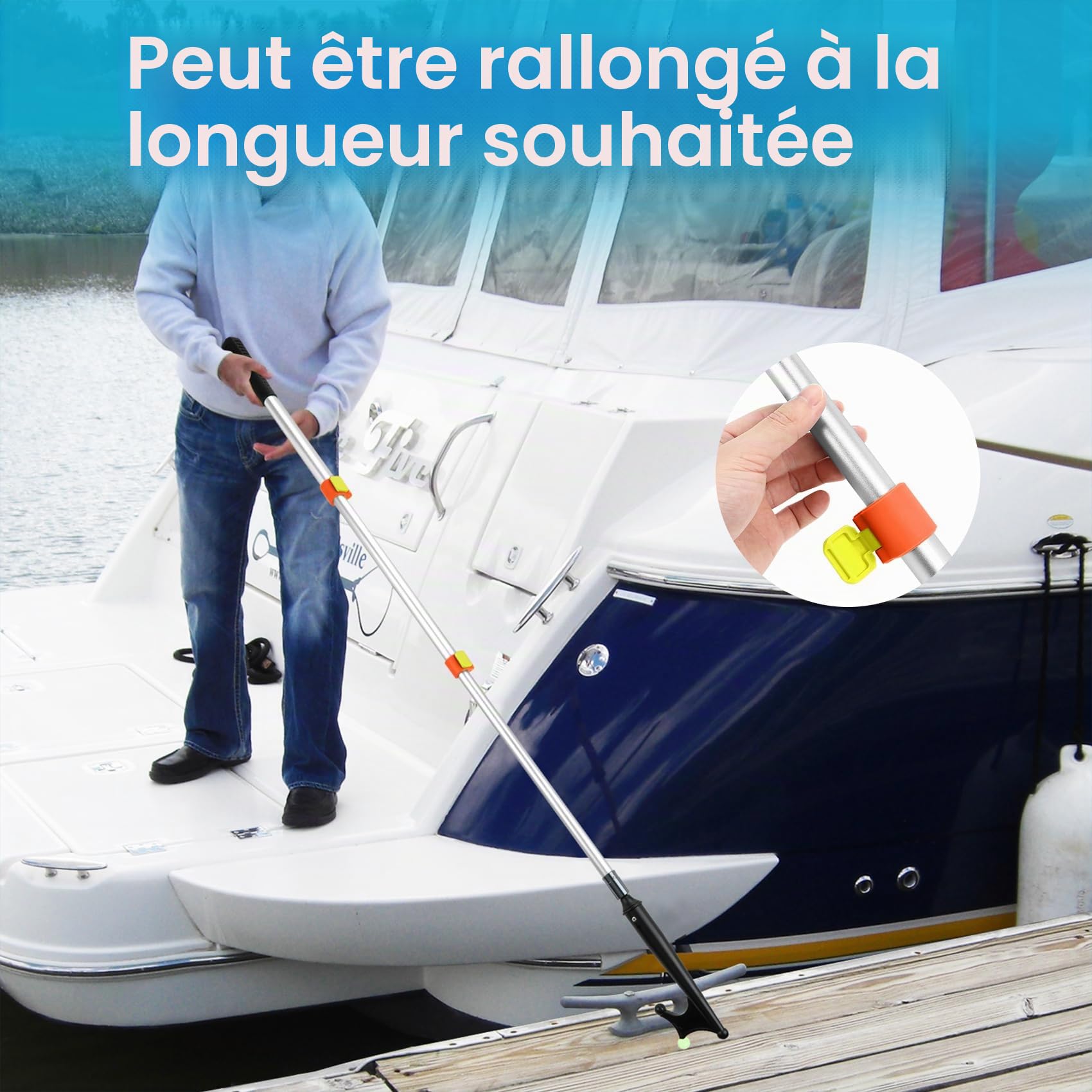 KOMCLUB Crochet de bateau télescopique en aluminium - Design lumineux - Résistant à la rouille - Durable - Solide - Barre de poussée pour la pose